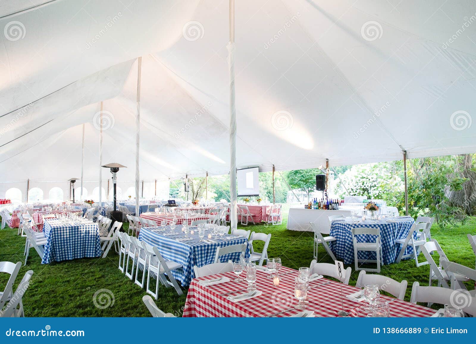 wedding or special event tables set up for an outdoor barbeque with red and blue checkered table clothes under an event tent