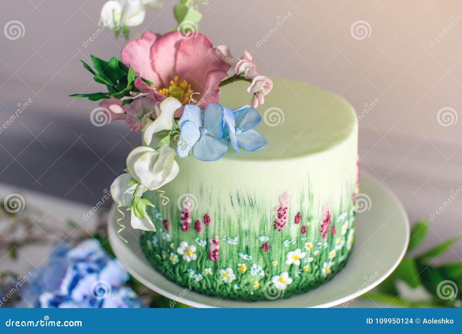 Wedding Spring Cake Decorated with Colorful Flowers and Hydrangeas ...