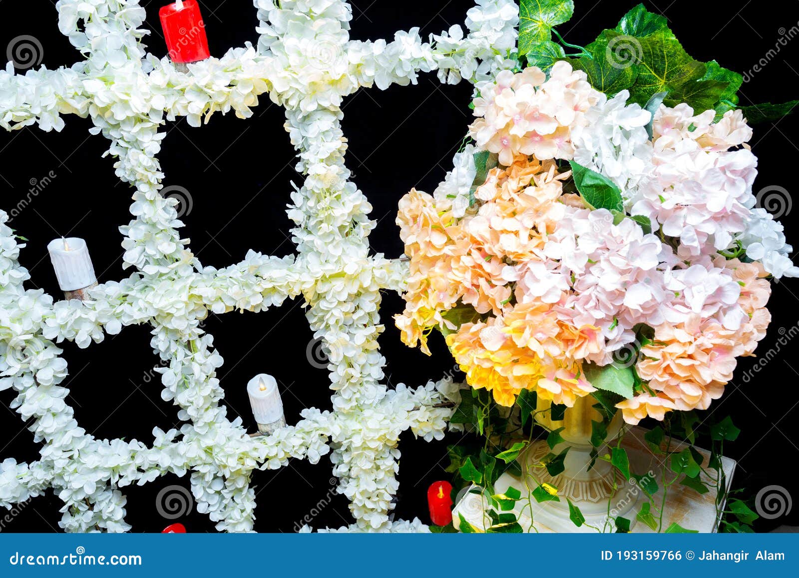Wedding Stage with Artificial Candles and Flowers Stock Photo Image