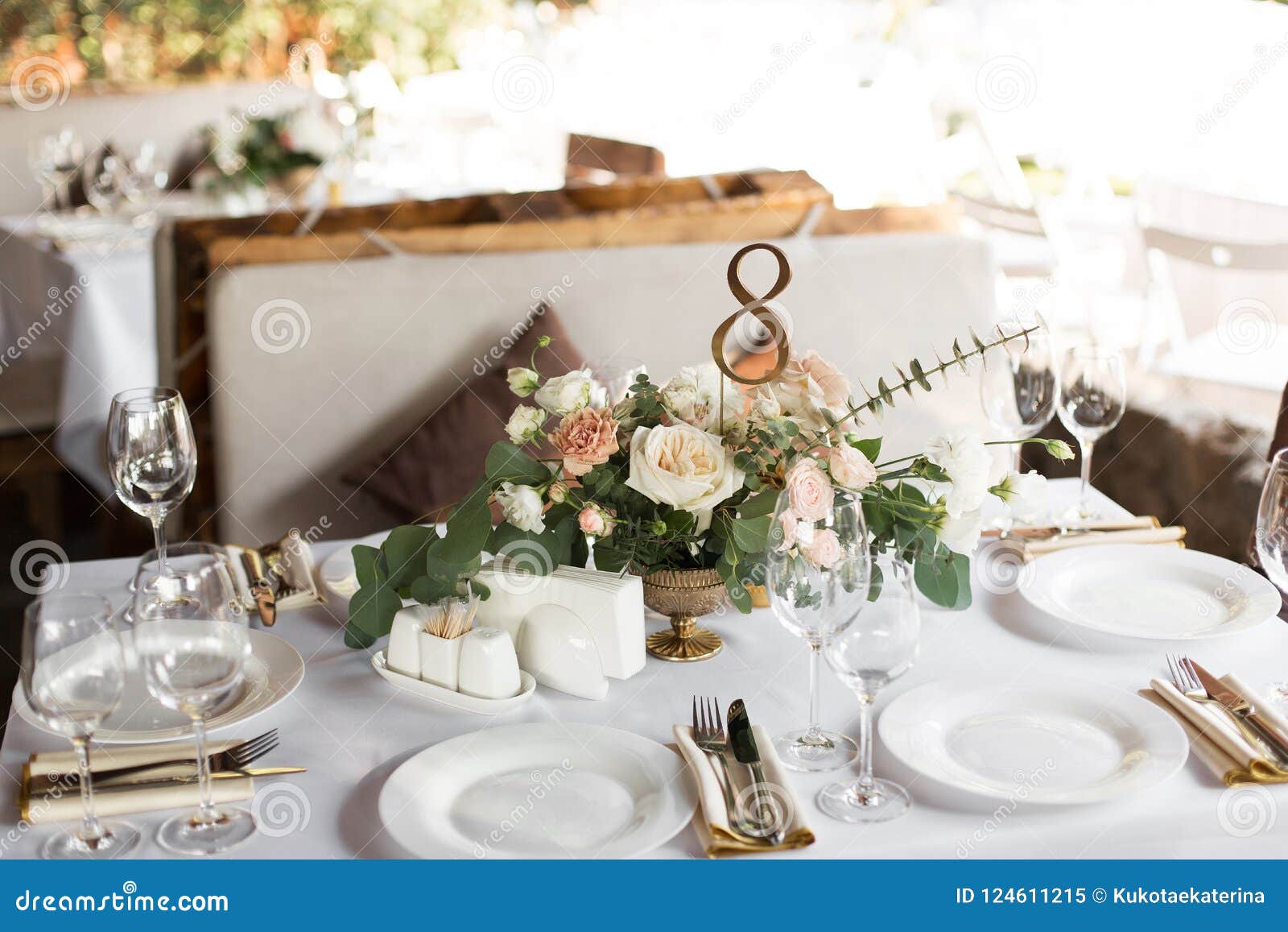 Wedding Table Setting and Decorated with Flowers Stock Image Image of