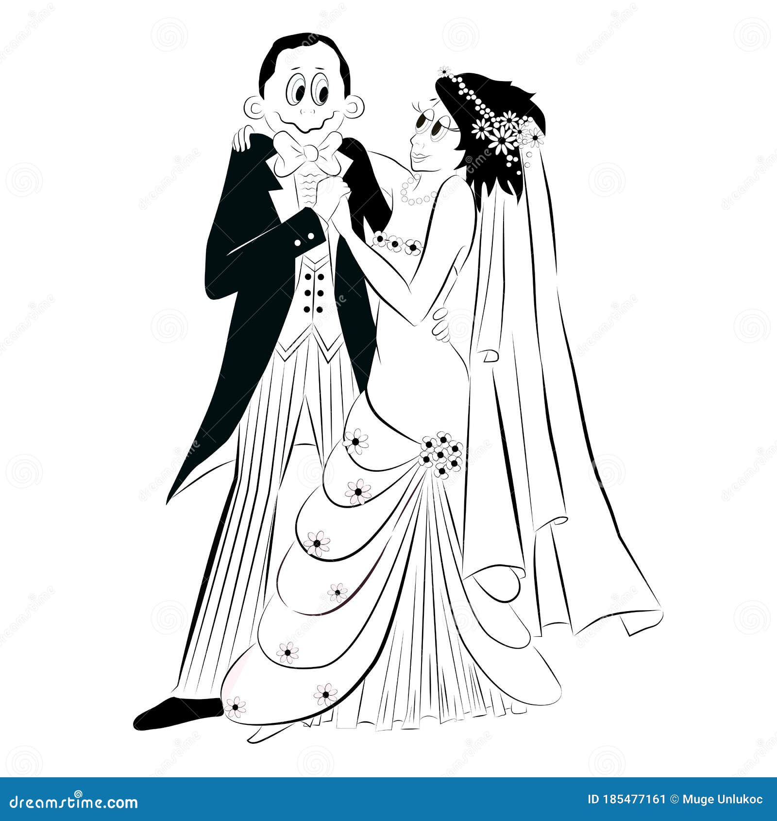 Vector Black and White Cartoon Illustration of a Wedding Couple, a Bride  and a Groom Hugging Each Other Eye To Eye on Their Weddin Stock Vector -  Illustration of marriage, husband: 185477161