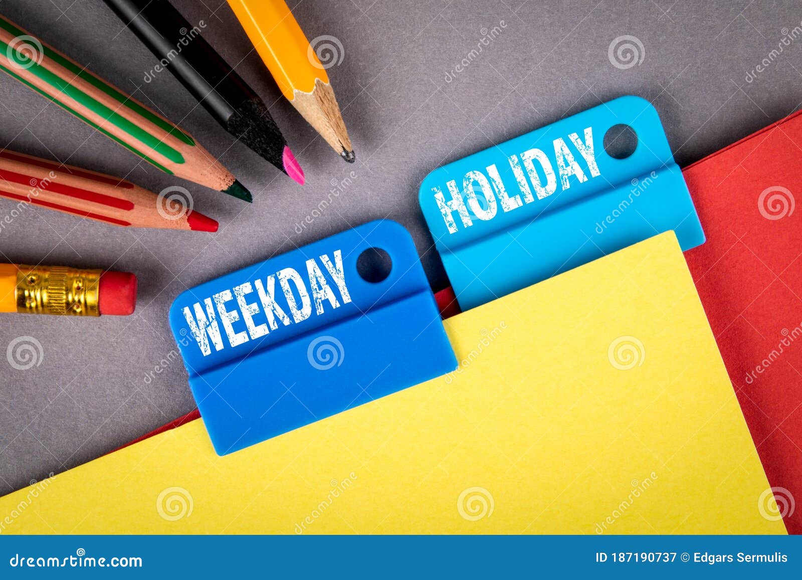weekday and holiday. folder register of card index. colored pencils and paper