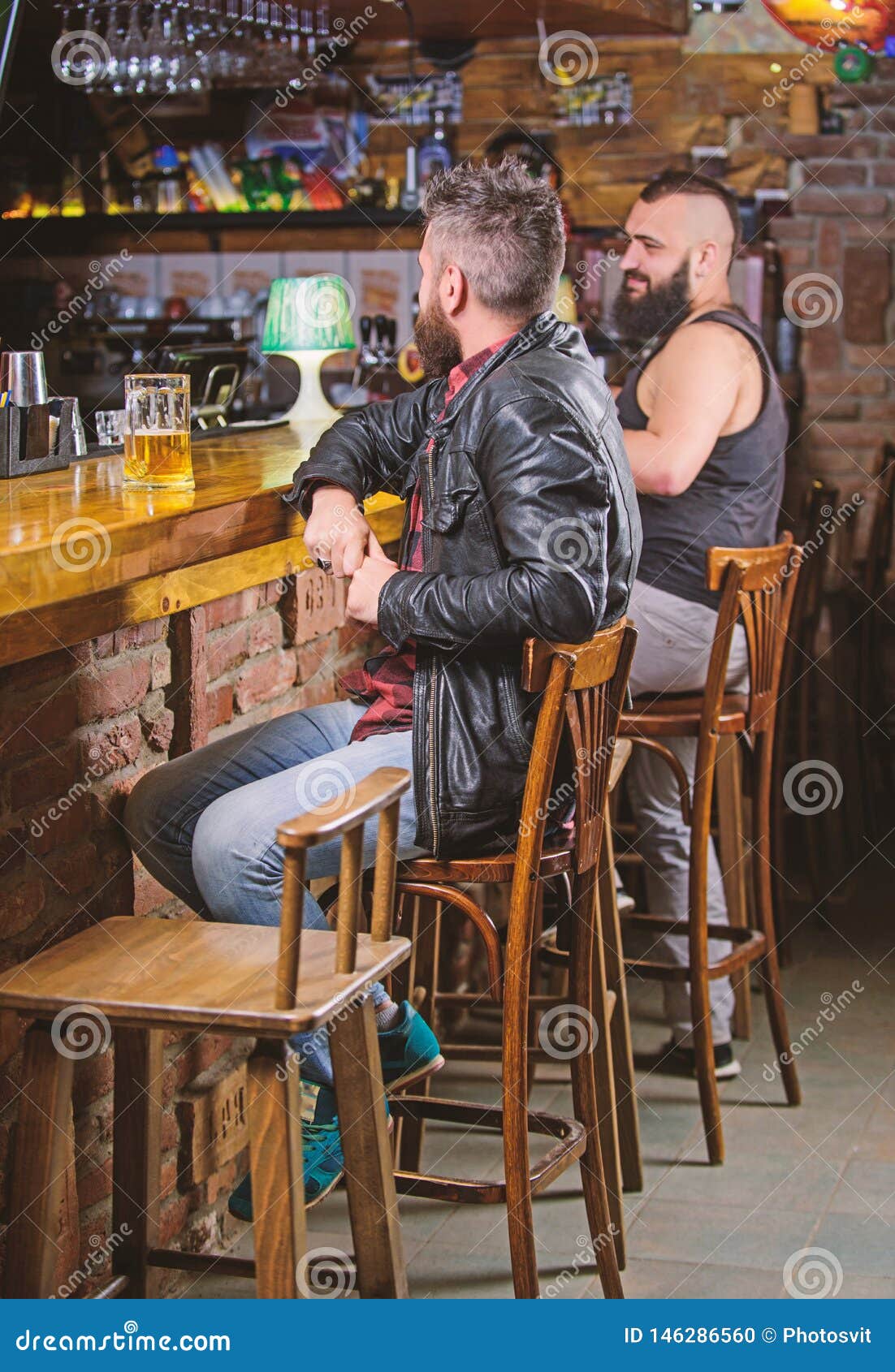 Weekend Lifestyle. Guy Bearded Man Sit at Bar Counter in Pub. Pub Great