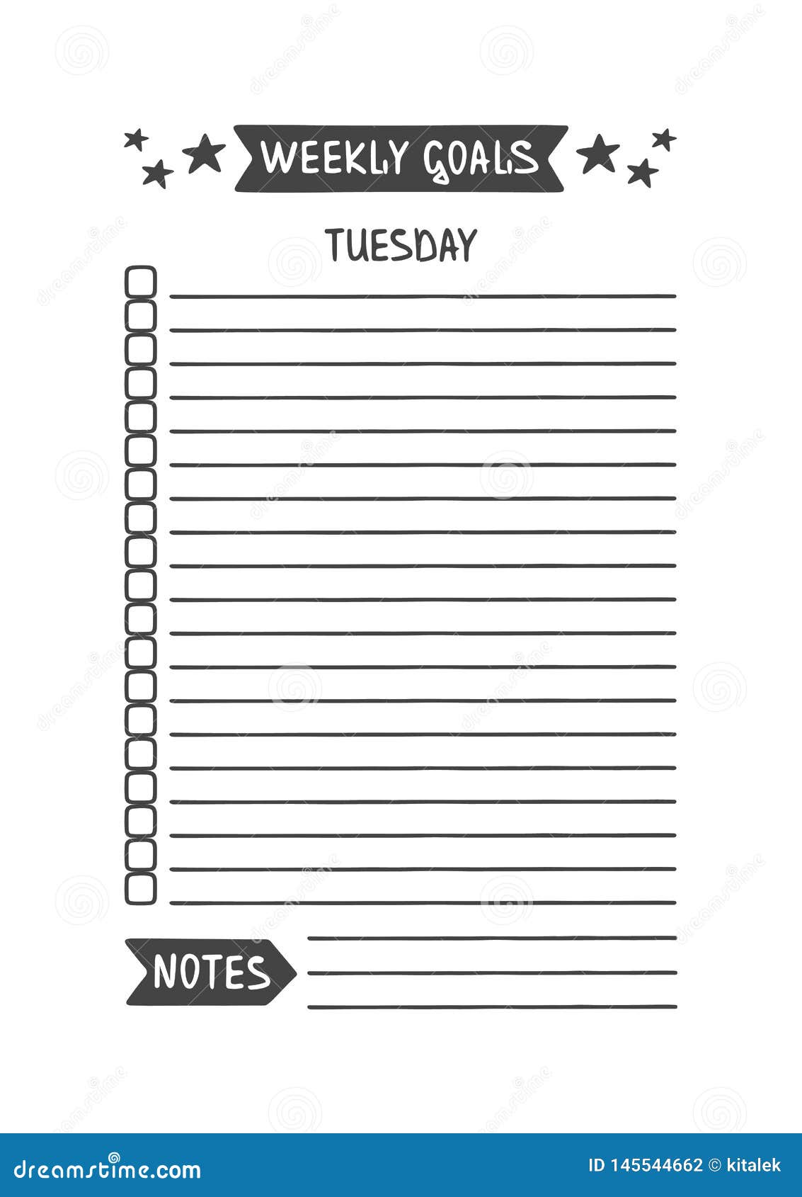 Weekly Goals. Tuesday. Vector Template. Printable Organizer Stock