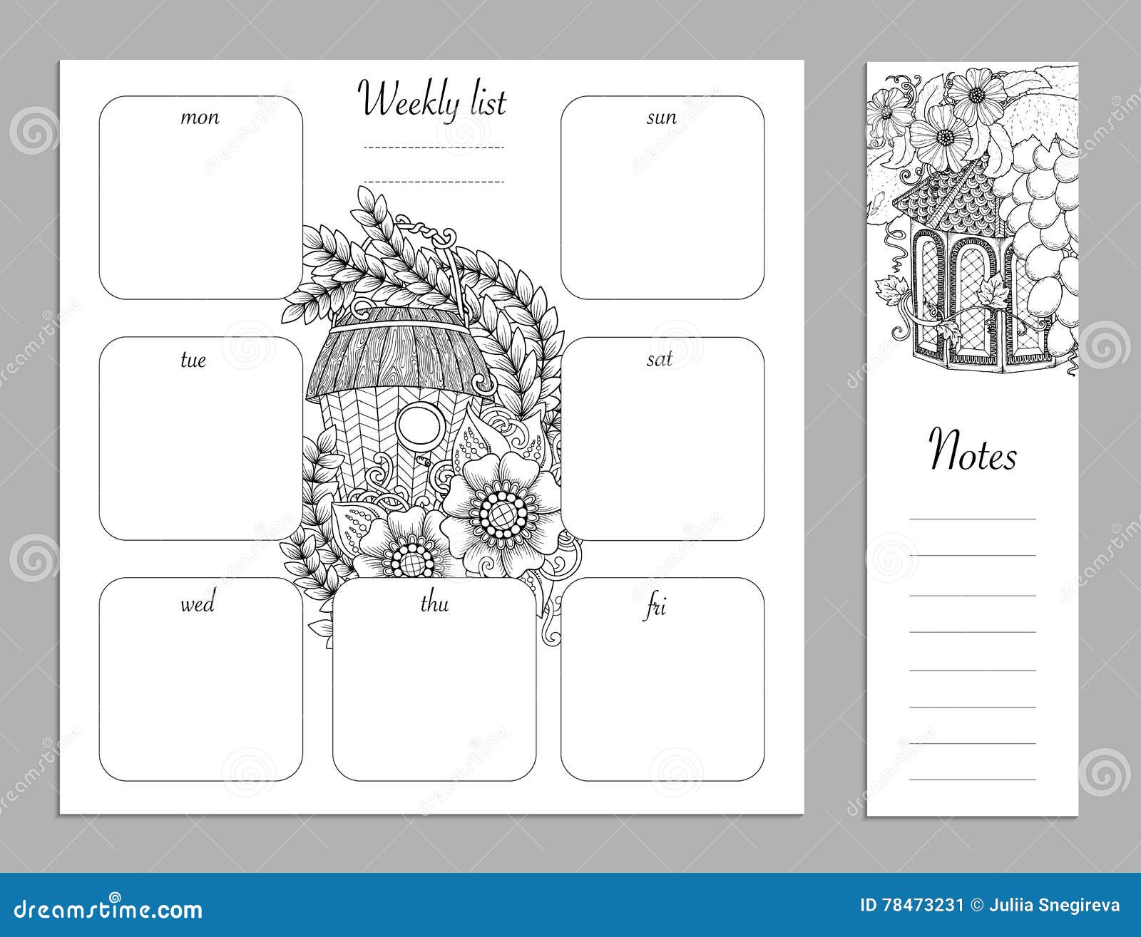 Weekly planner coloring page Stock Vector