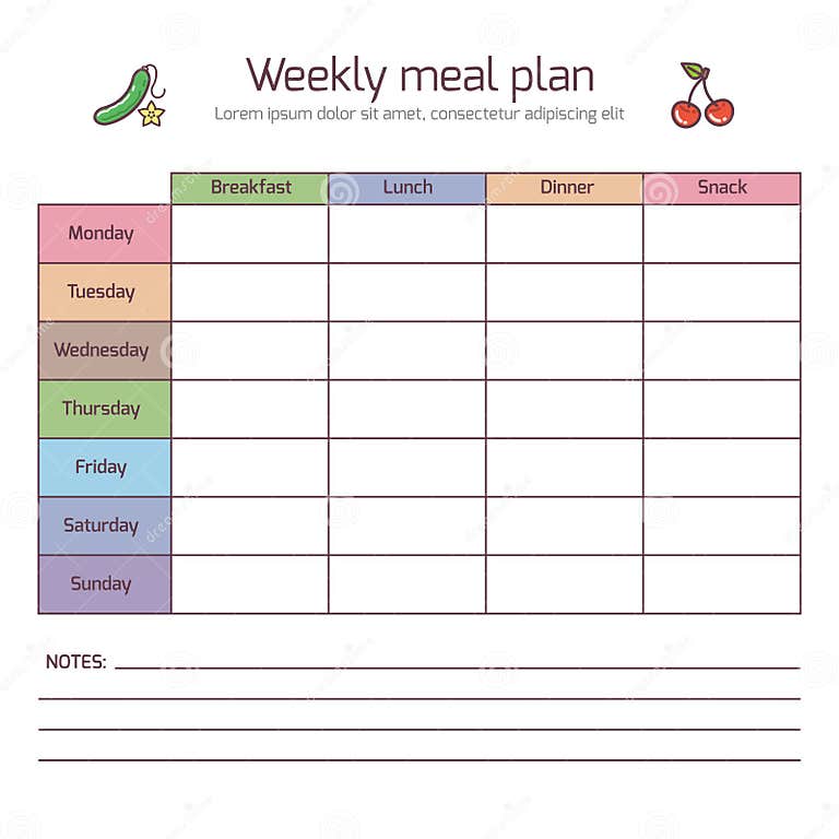 Weekly Meal Plan, Mealtime Vector Diary Stock Vector - Illustration of ...