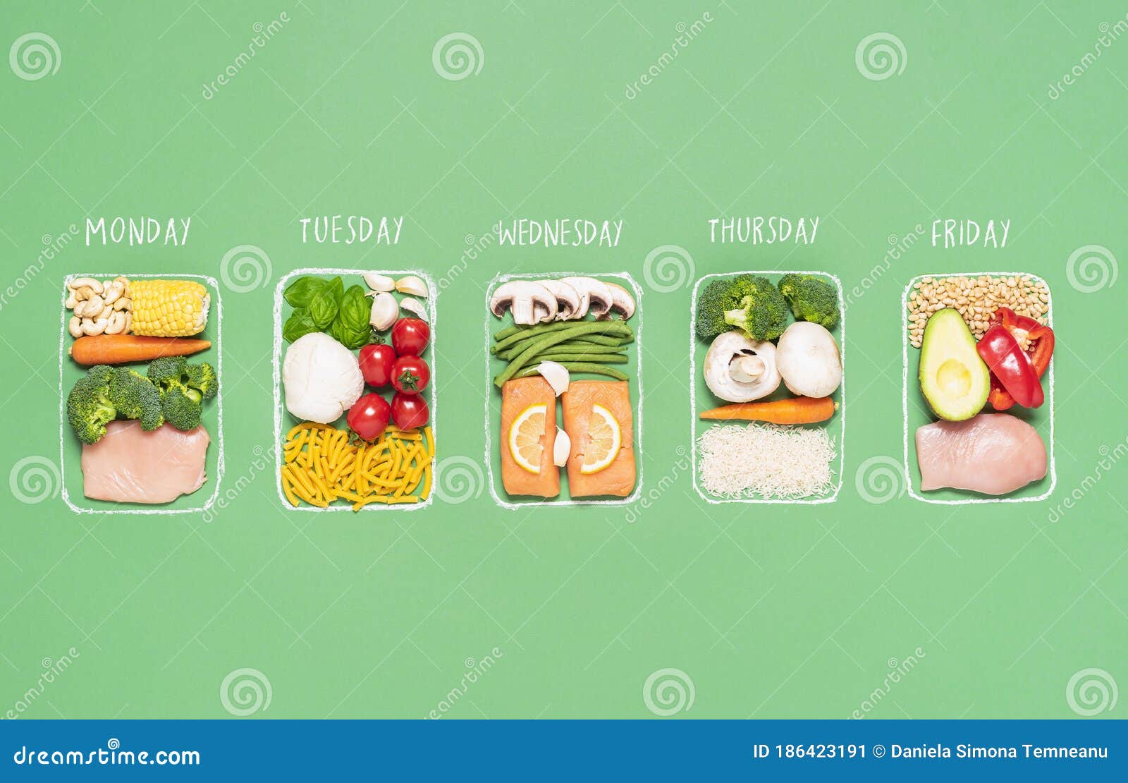 weekly meal plan. meal prep concept. raw food ingredients in boxes