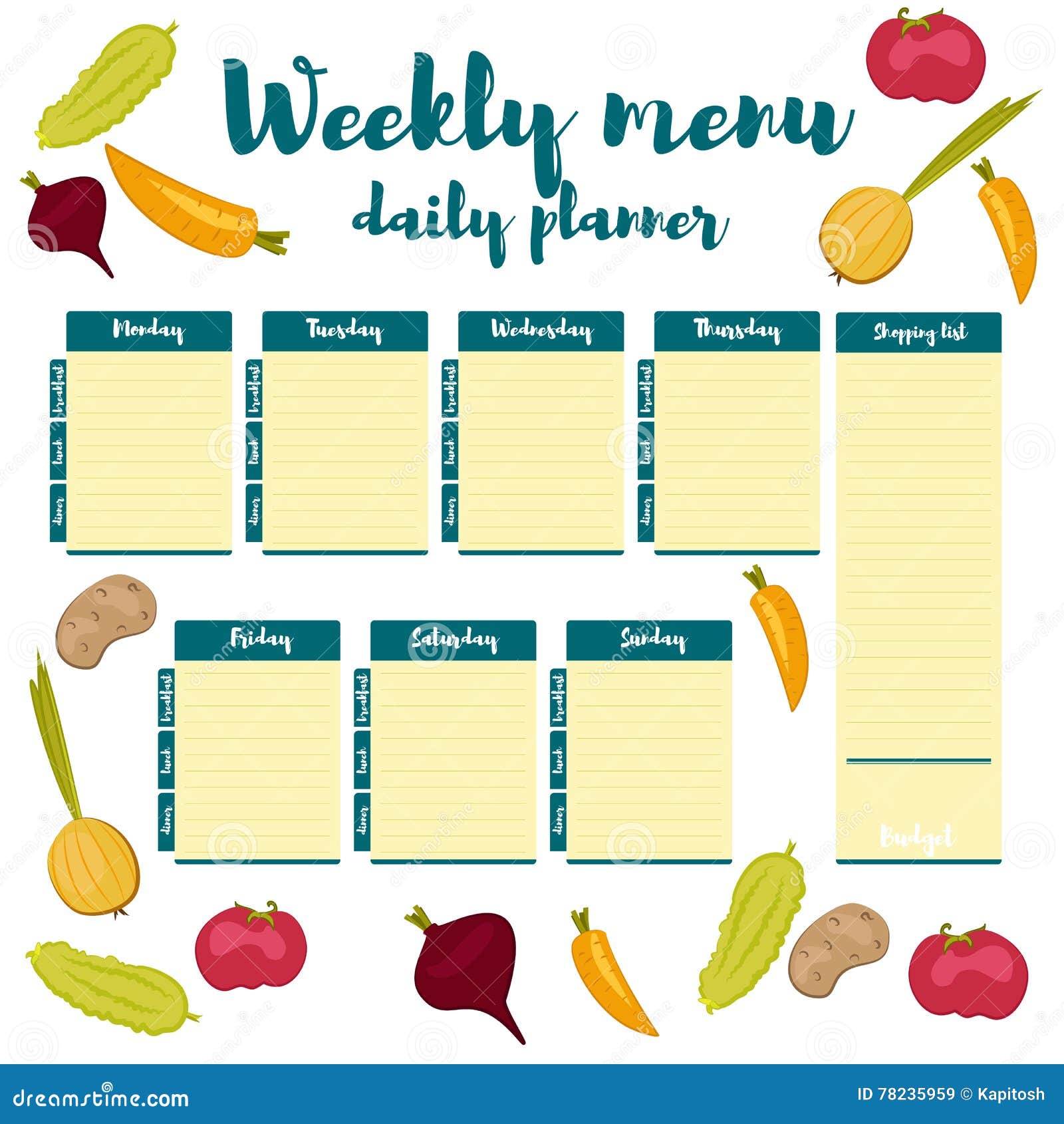 Weekly Meal Plan, Mealtime Vector Diary Cartoon Vector | CartoonDealer