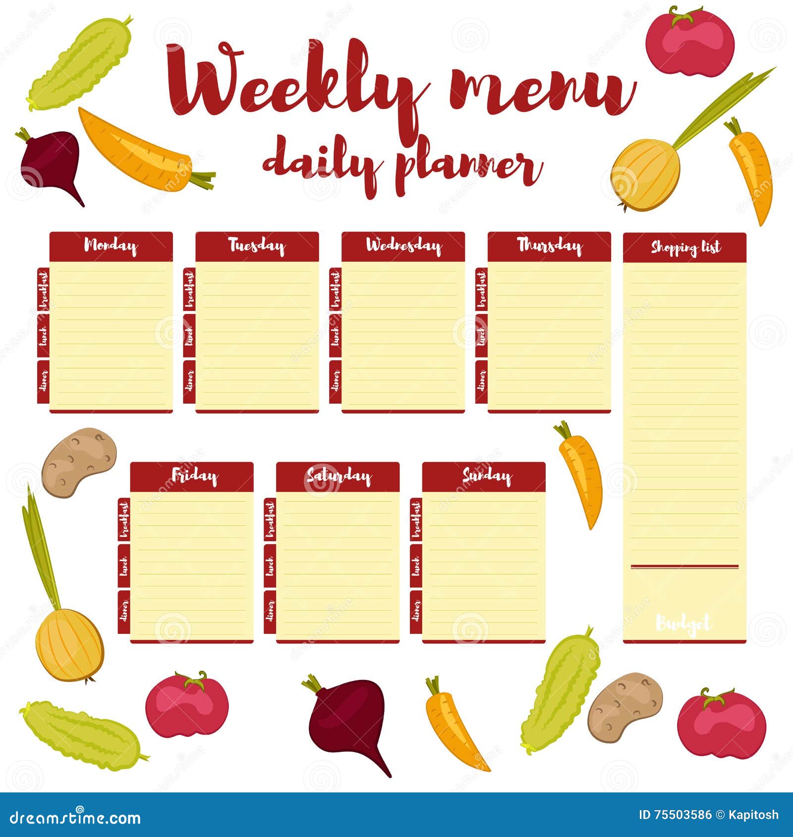 Weekly Menu Daily Red Planner Stock Vector - Illustration of lunch ...