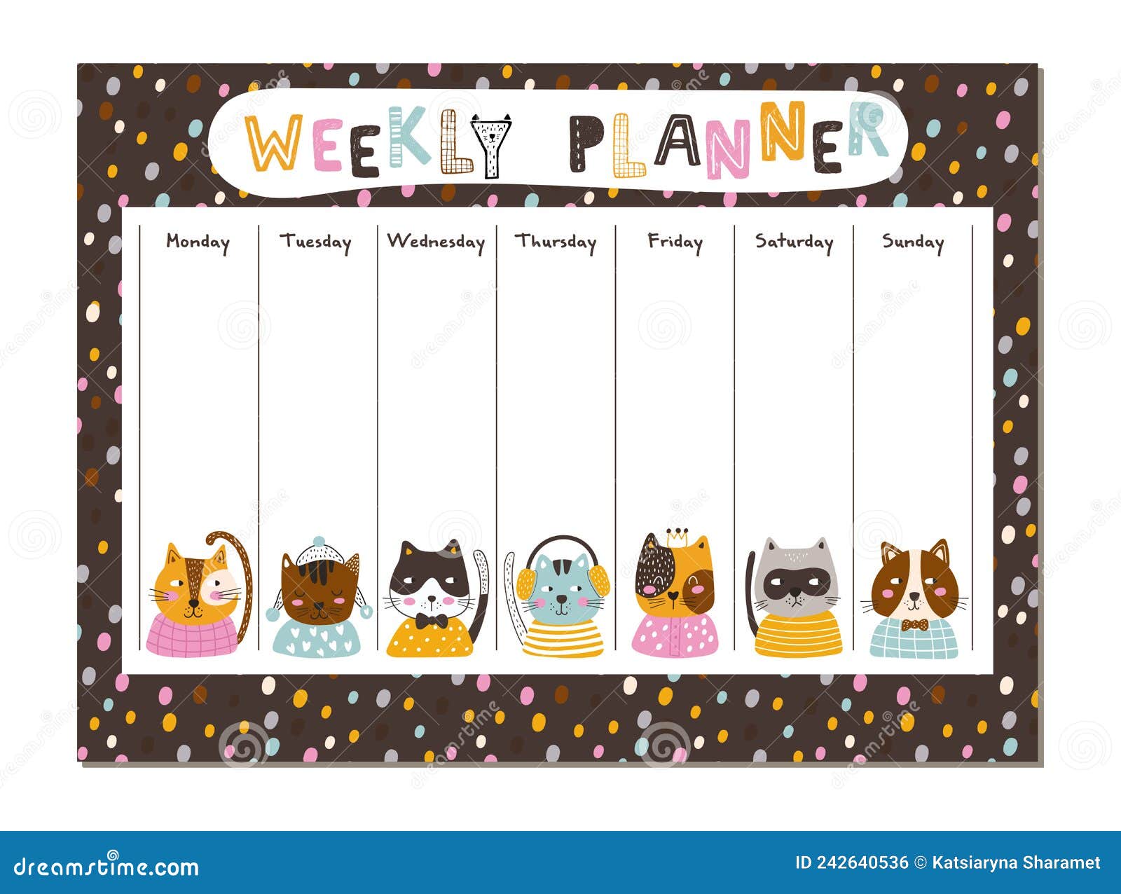 Weekly Planner with Cute Cats. Vector Stock Vector Illustration of