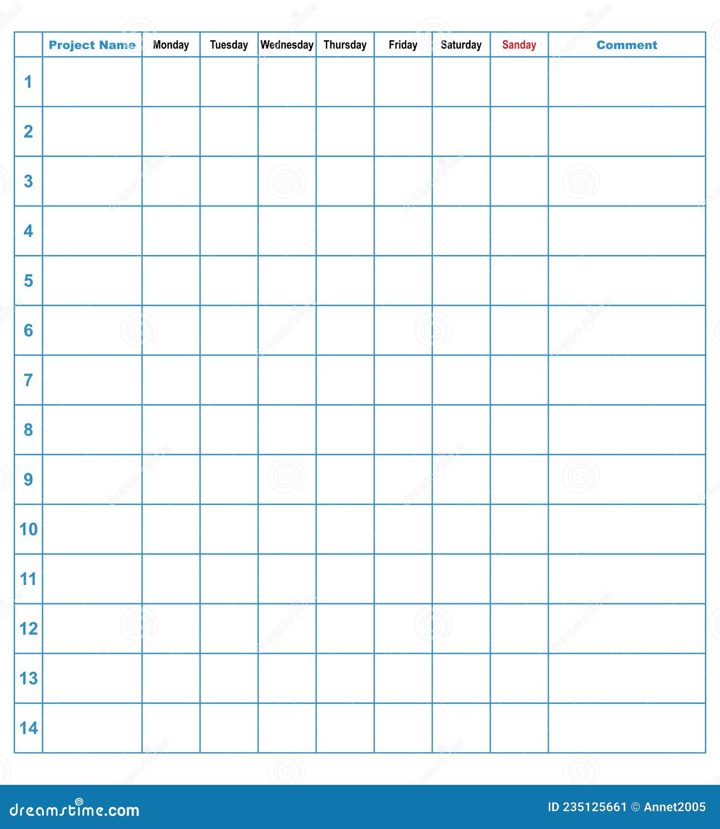 Weekly Planner, Project Planning by Days of the Week Stock Vector
