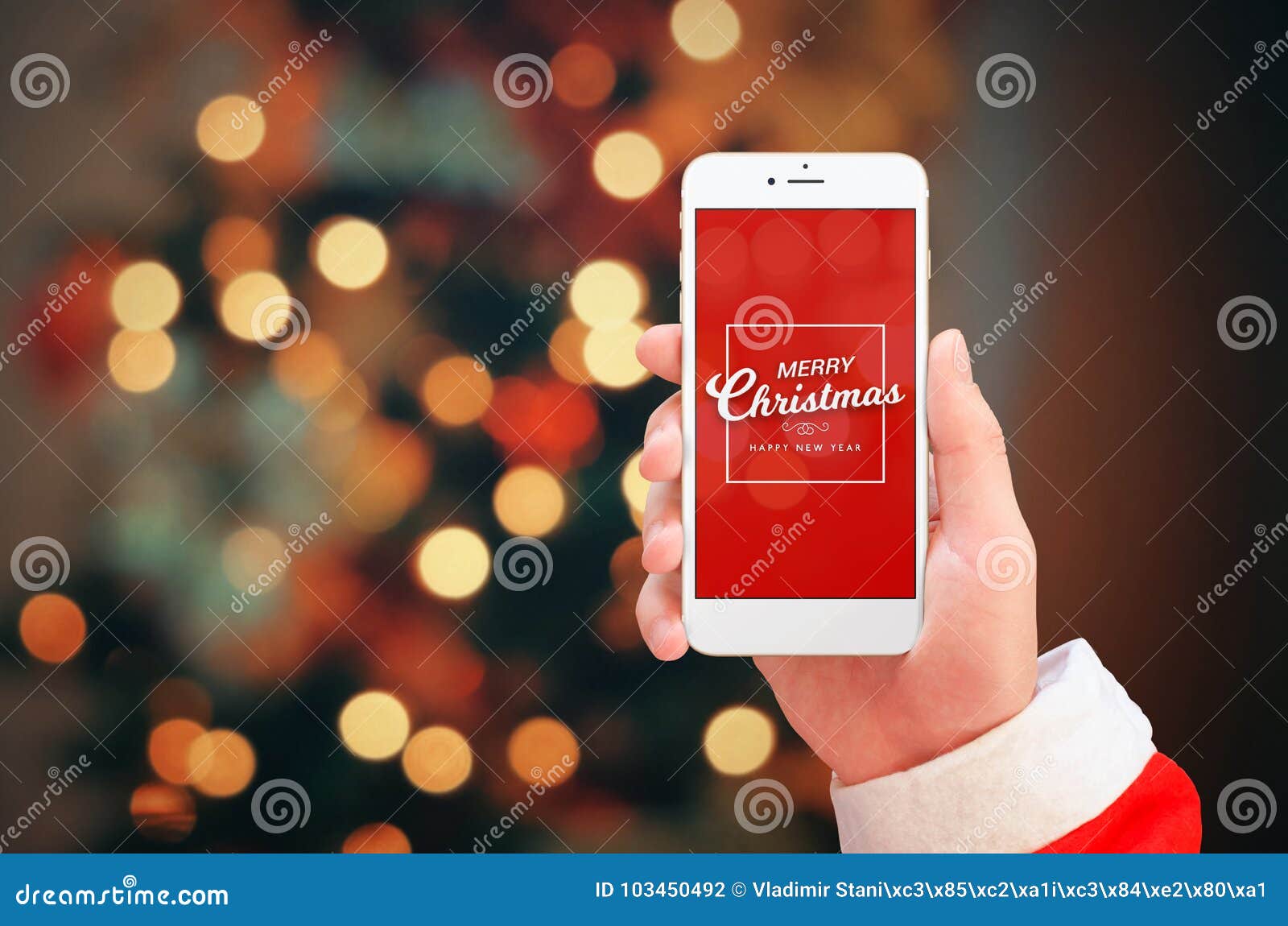 Weisser Handy Im Santa Claus Handabschluss Oben Gruss Der Frohen Weihnachten Auf Telefonanzeige Stockfoto Bild Von Telefonanzeige Handabschluss
