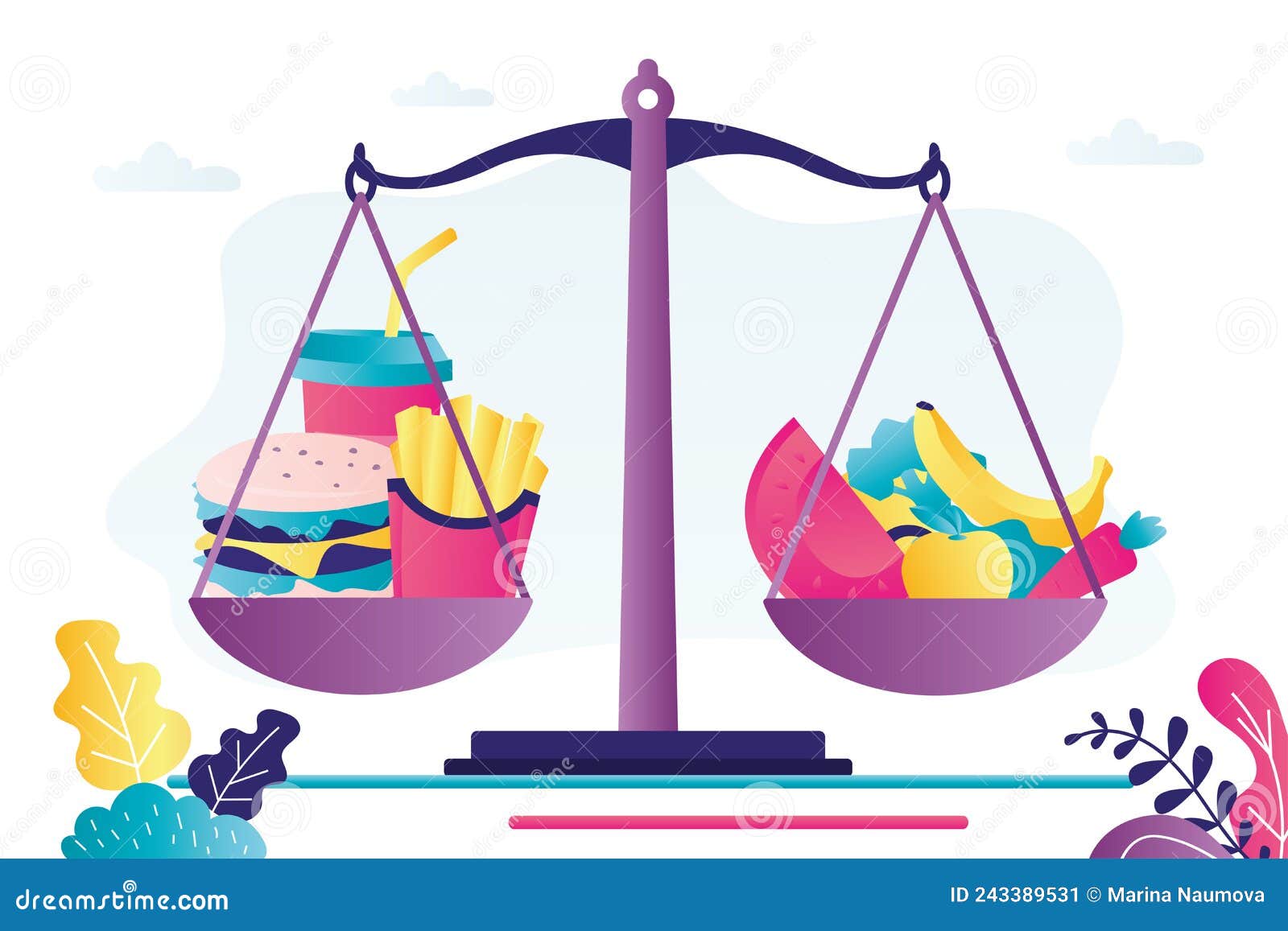 Healthy Food Concept The Balance Scales With Vegetables And Junk Food Stock  Illustration - Download Image Now - iStock