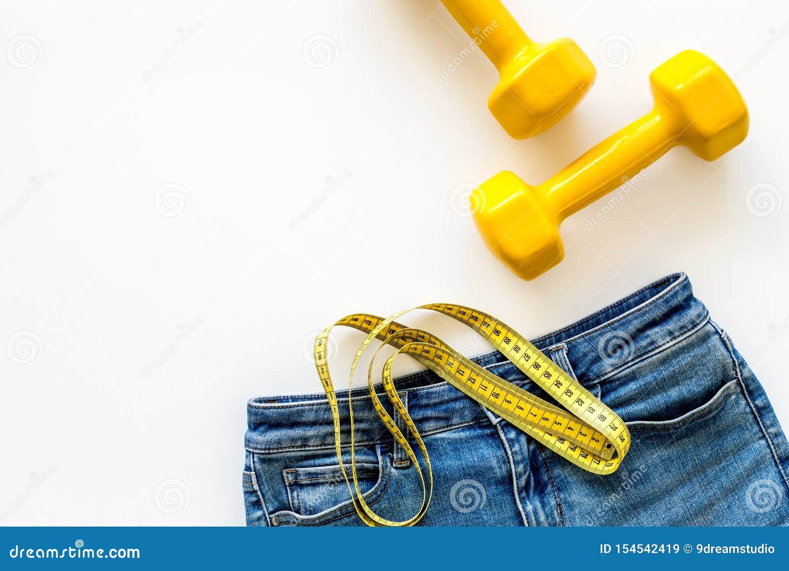 Download Weight Loss Concept With Jeans, Bars And Measuring Tape On White Background Top View Mockup ...