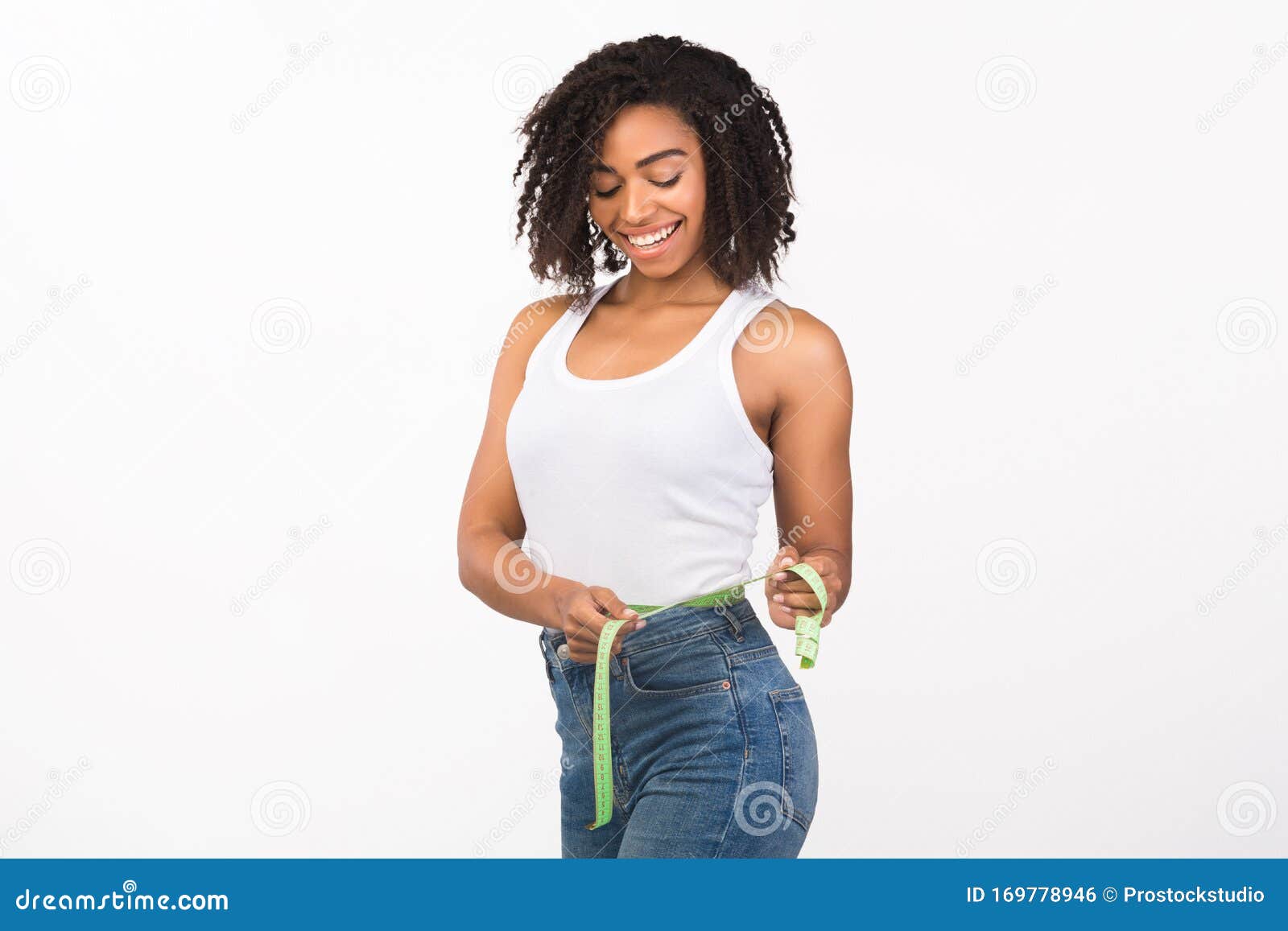 Portrait of African American Woman Measuring Waist Stock Photo - Image ...