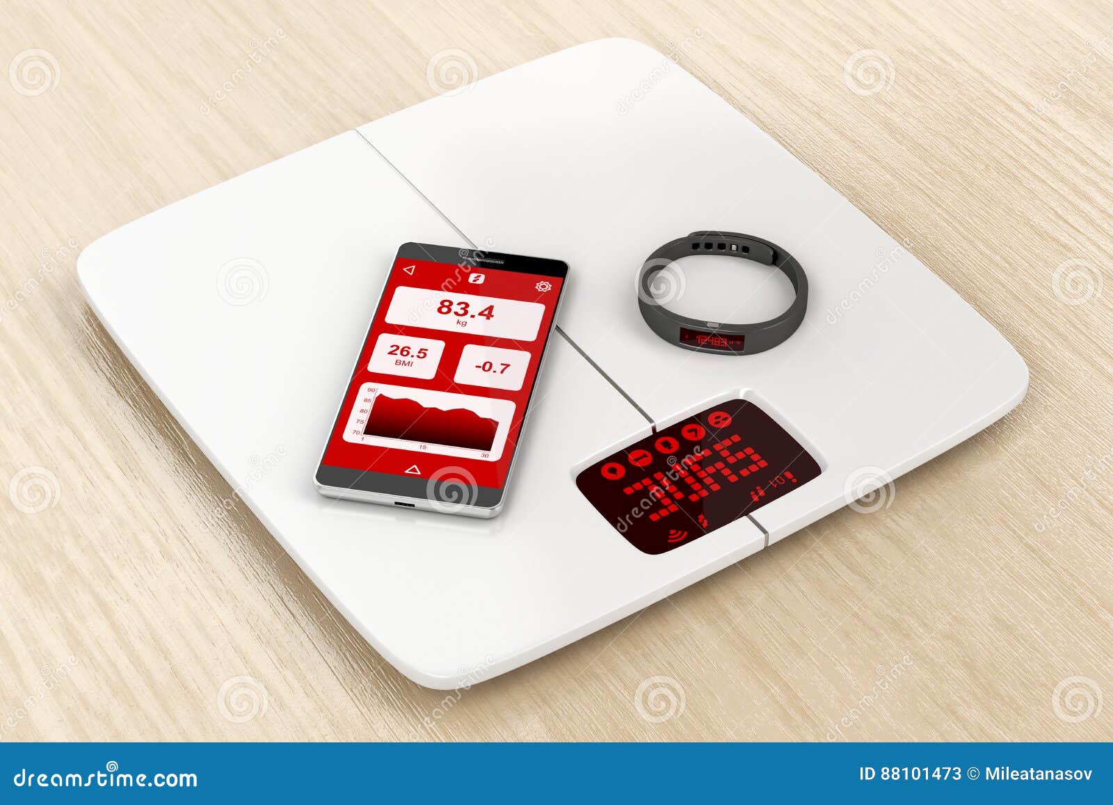 Weight Scale, Smartphone and Activity Tracker Stock Illustration