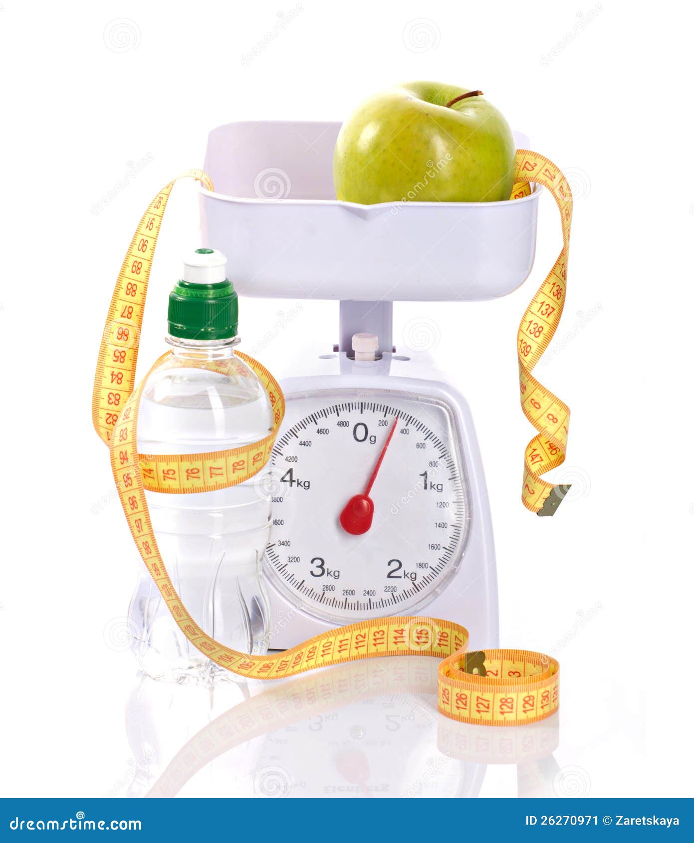 Weightscales, Measure, Apple and Bottle with Aqua Stock Image Image
