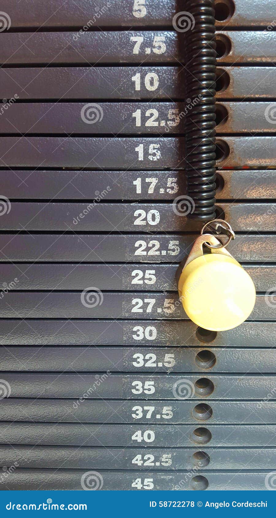 weight stack gray scale with graduation in kilograms with yellow pin