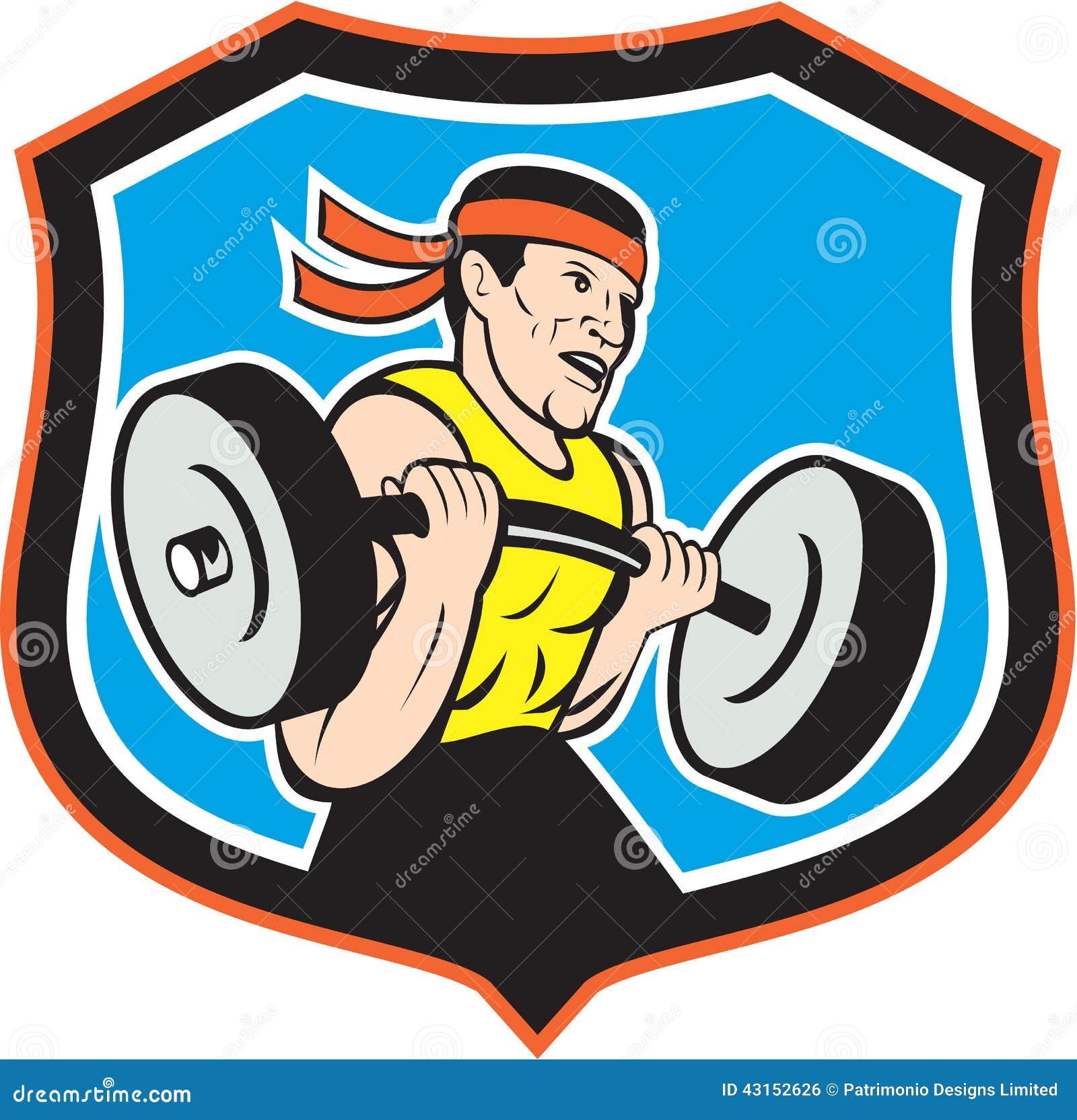 Weightlifter Lifting Barbell Shield Cartoon Vector Illustration