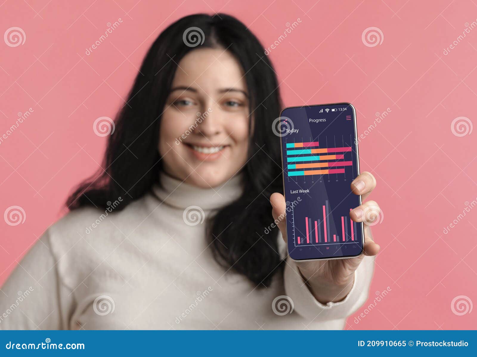 Weightloss Progress App. Plus Size Woman Showing Smartphone Application