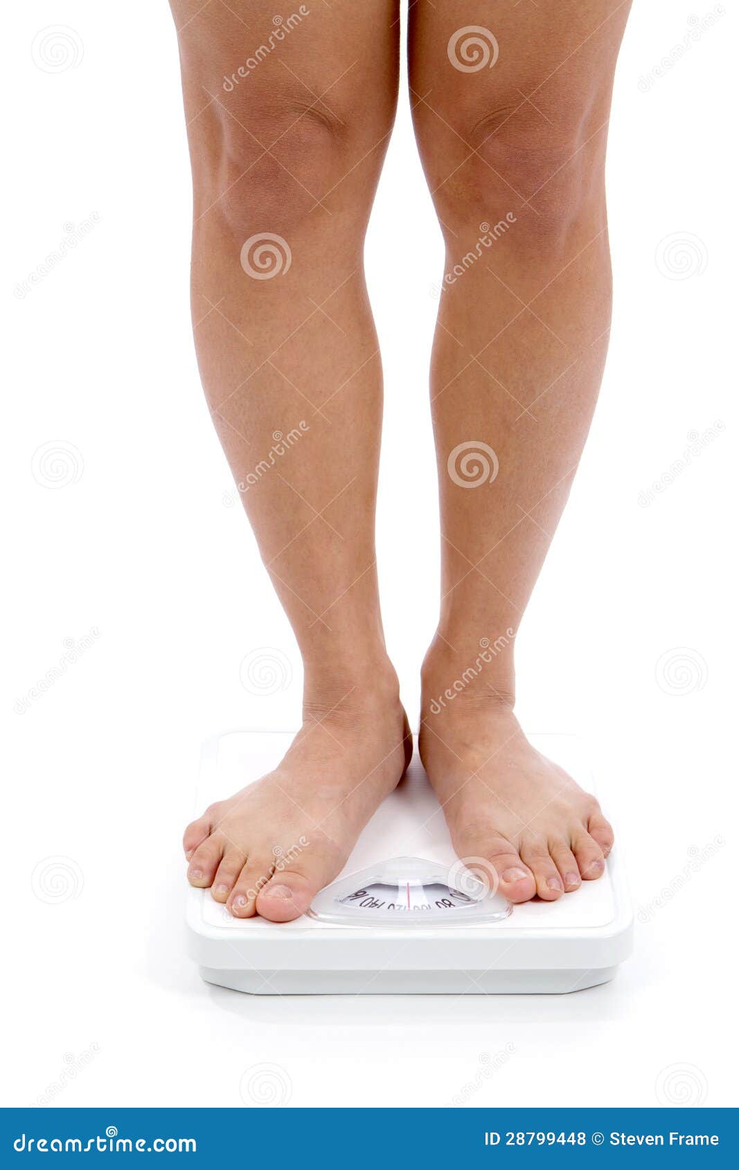 Woman feet and pink weight scale isolated on white background
