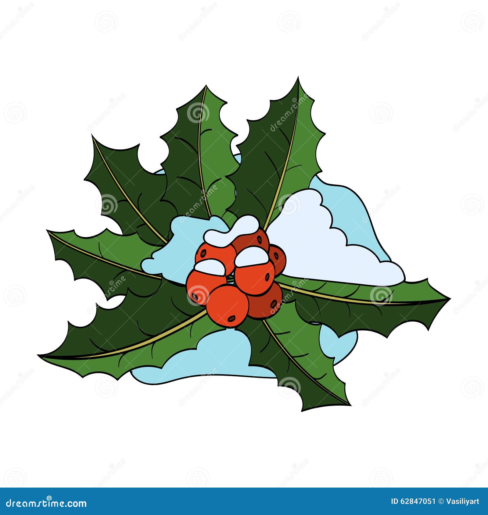 Weihnachten Holly Berry, Blätter, Schnee auf Weiß. Weihnachtsstechpalmenbeere mit Blättern und Schnee lokalisiert auf weißem Hintergrund Vektorhand gezeichnete Abbildung