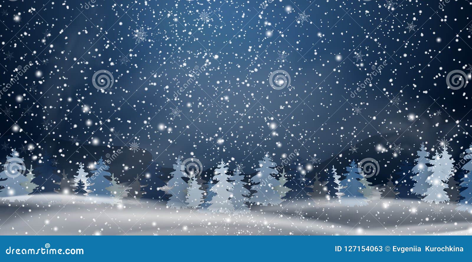 Weihnachten Nacht Snowy Waldlandschaft Weisse Schneeflocken Auf Einem Blauen Hintergrund Feiertagswinterlandschaft Fur Frohe Weih Vektor Abbildung Illustration Von Weisse Schneeflocken
