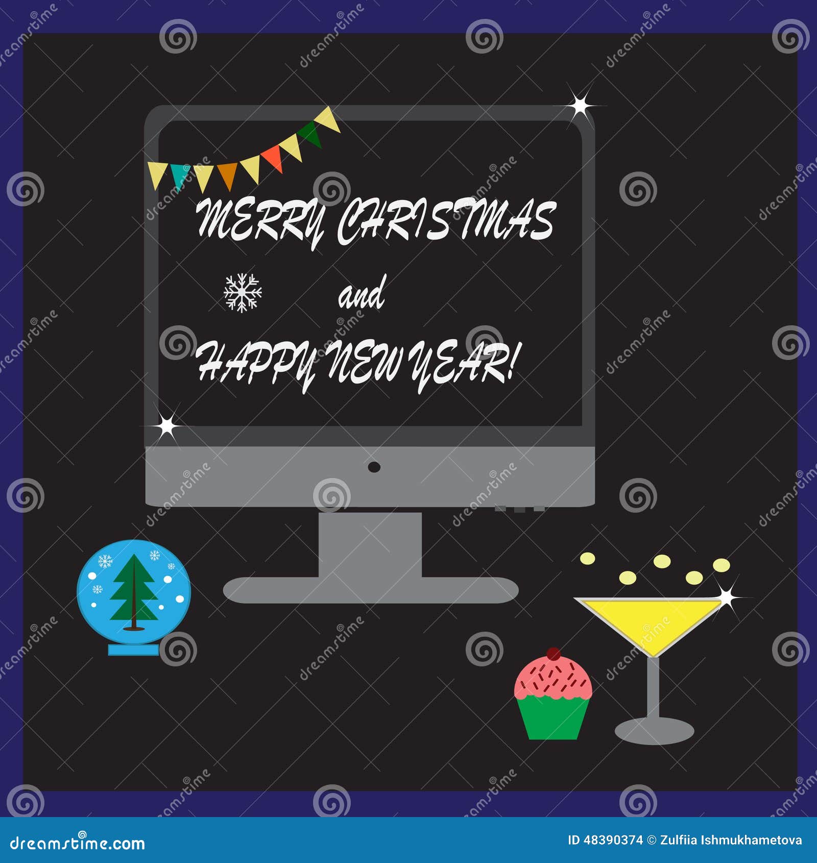 Weihnachtskarte Mit Computermonitor, -champagner, -kleinem Kuchen Und