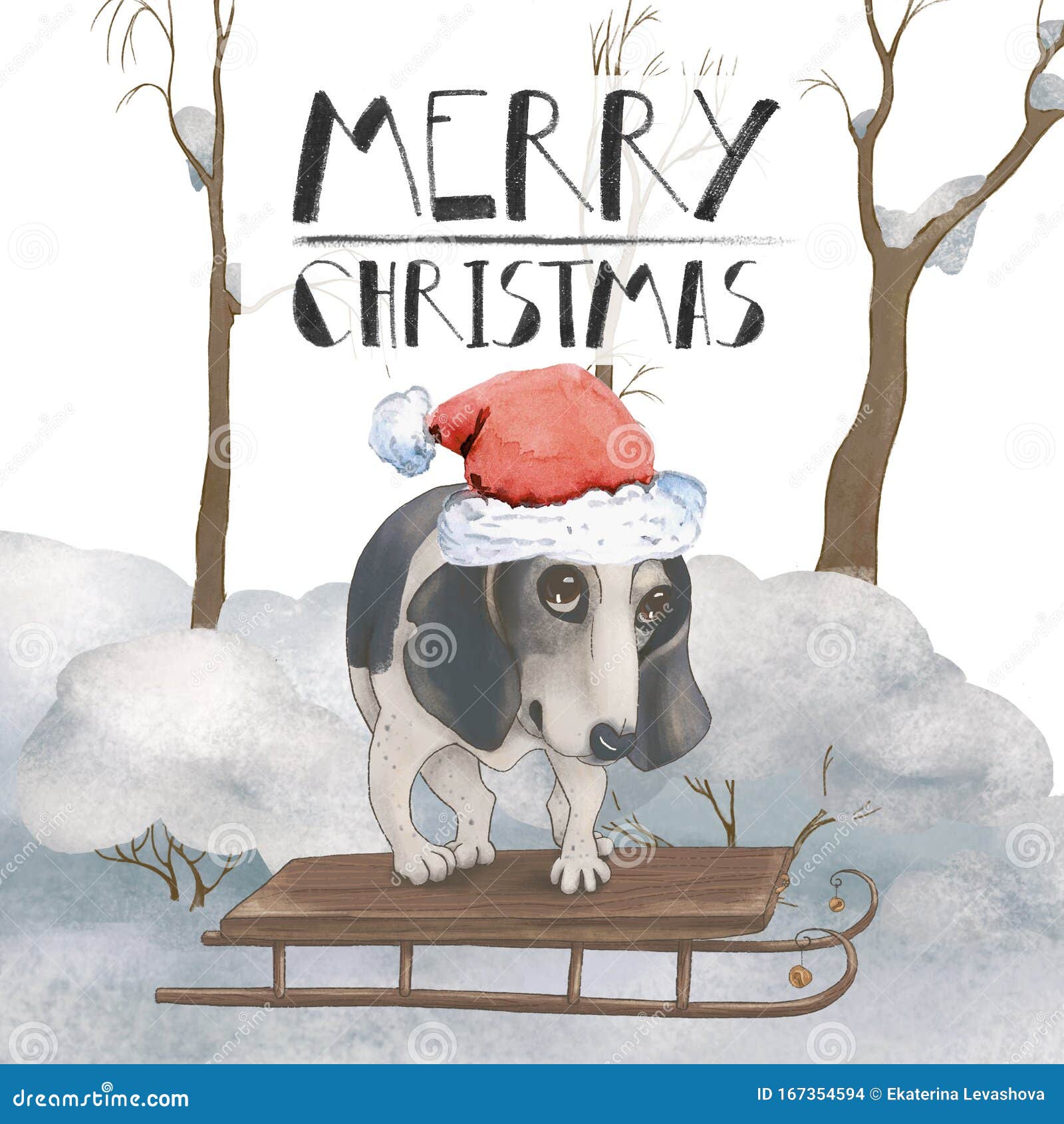 Weihnachtskarte Mit Einem Niedlichen Hund Auf Einer Schlitten In Einem