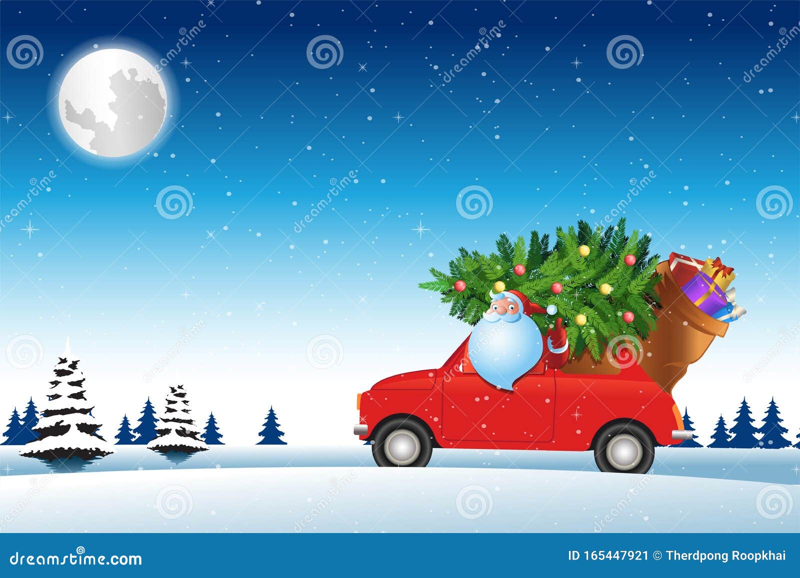 Weihnachtsmann Fährt Rotes Auto über Schnee Mit Weihnachtsbaum Und Schickt  Geschenke an Alle Vektor Abbildung - Illustration von auto, karte: 165447921