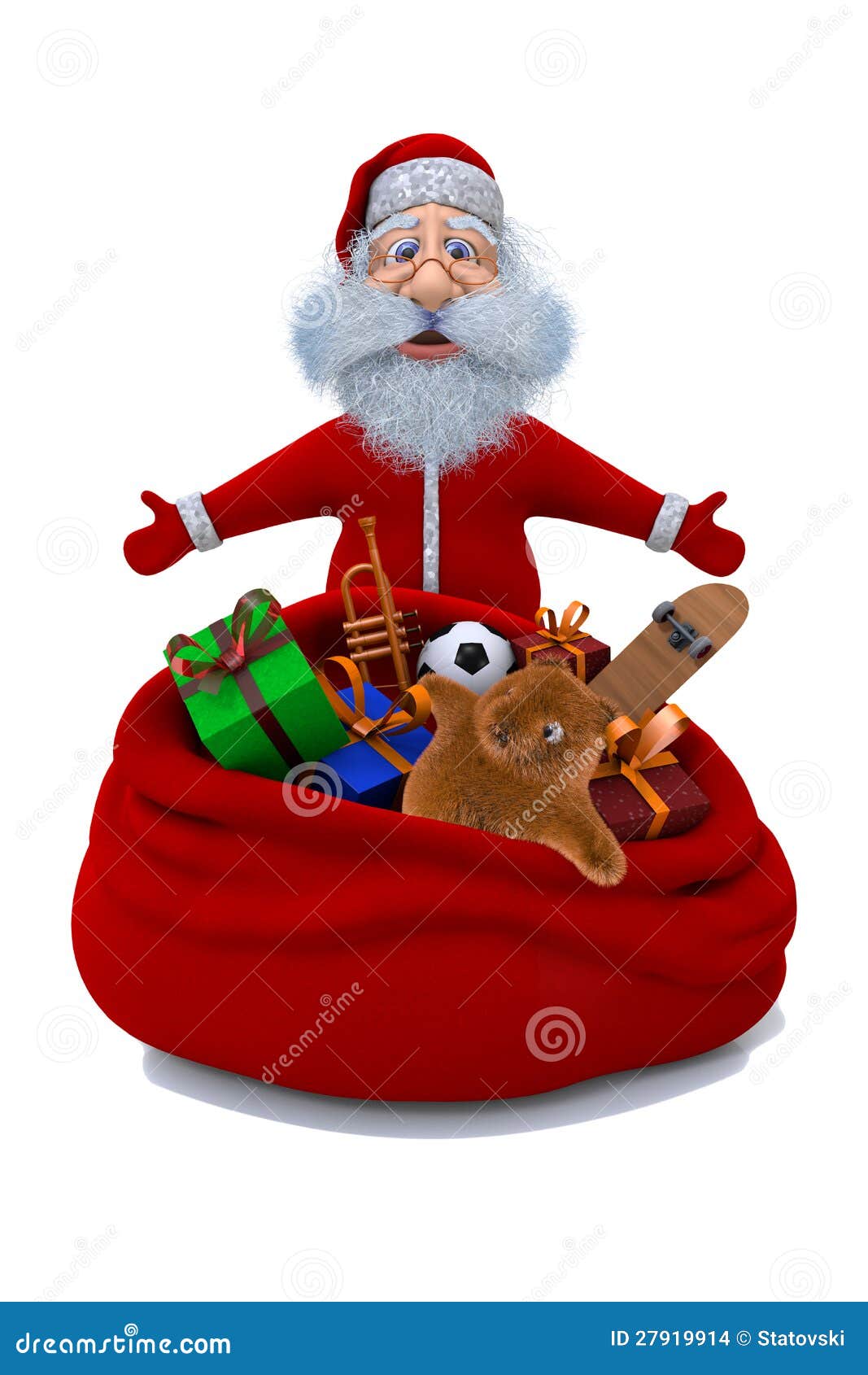 weihnachtsmann steht nahe einem sack mit geschenken stock