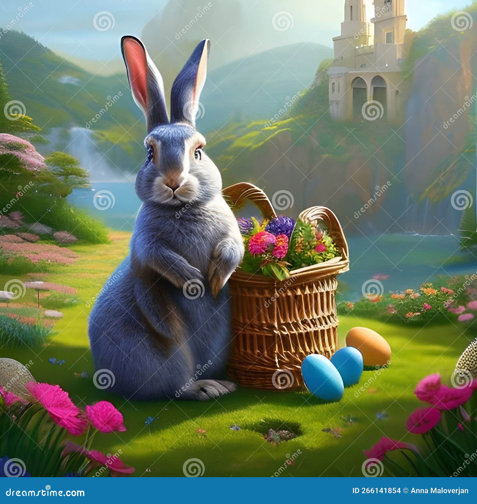 A Weird Easter Bunny Sitting in Fantasy Town with Eggs Stock