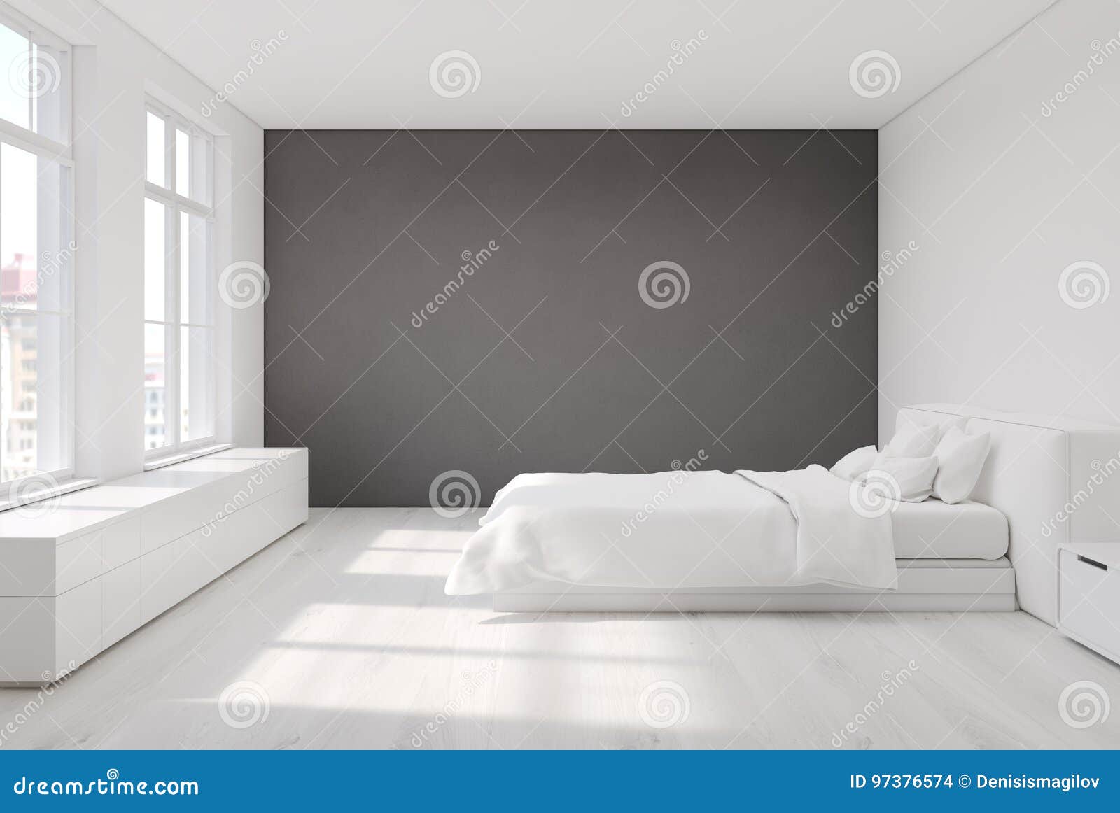Weißes Schlafzimmer Mit Einer Grauen Wand Stock Abbildung