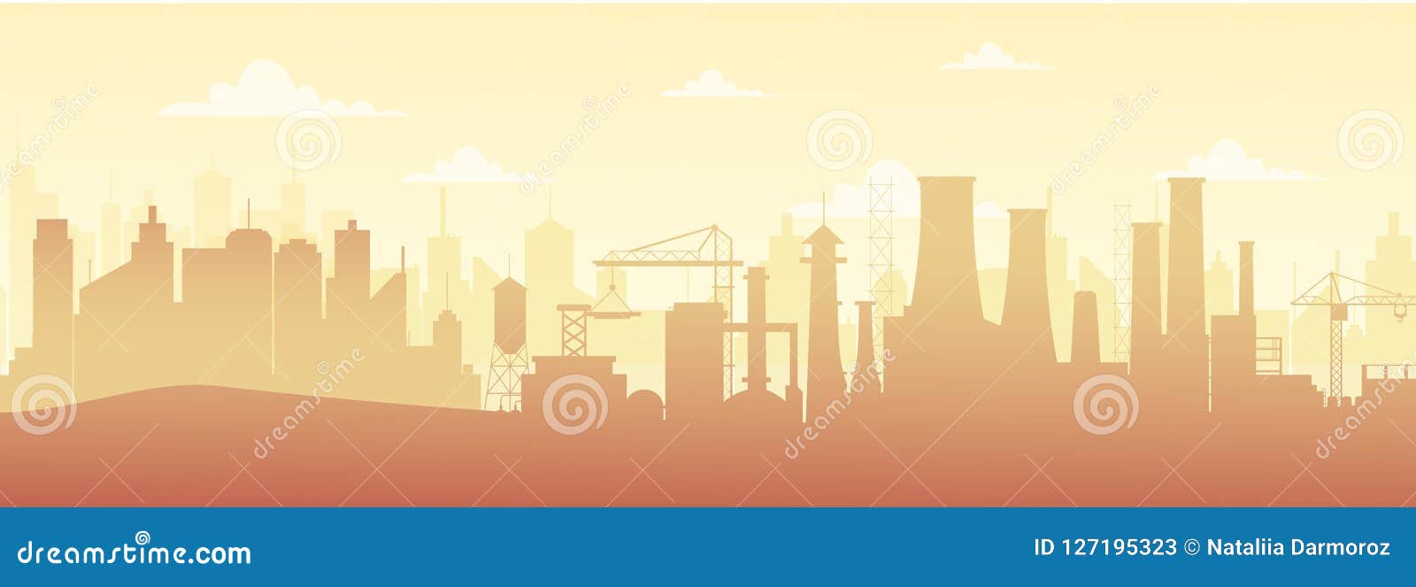 Wektorowa ilustracja panoramiczny przemysłowy sylwetka krajobraz z fabrycznymi budynkami i zanieczyszczenie w mieszkaniu projektujemy
