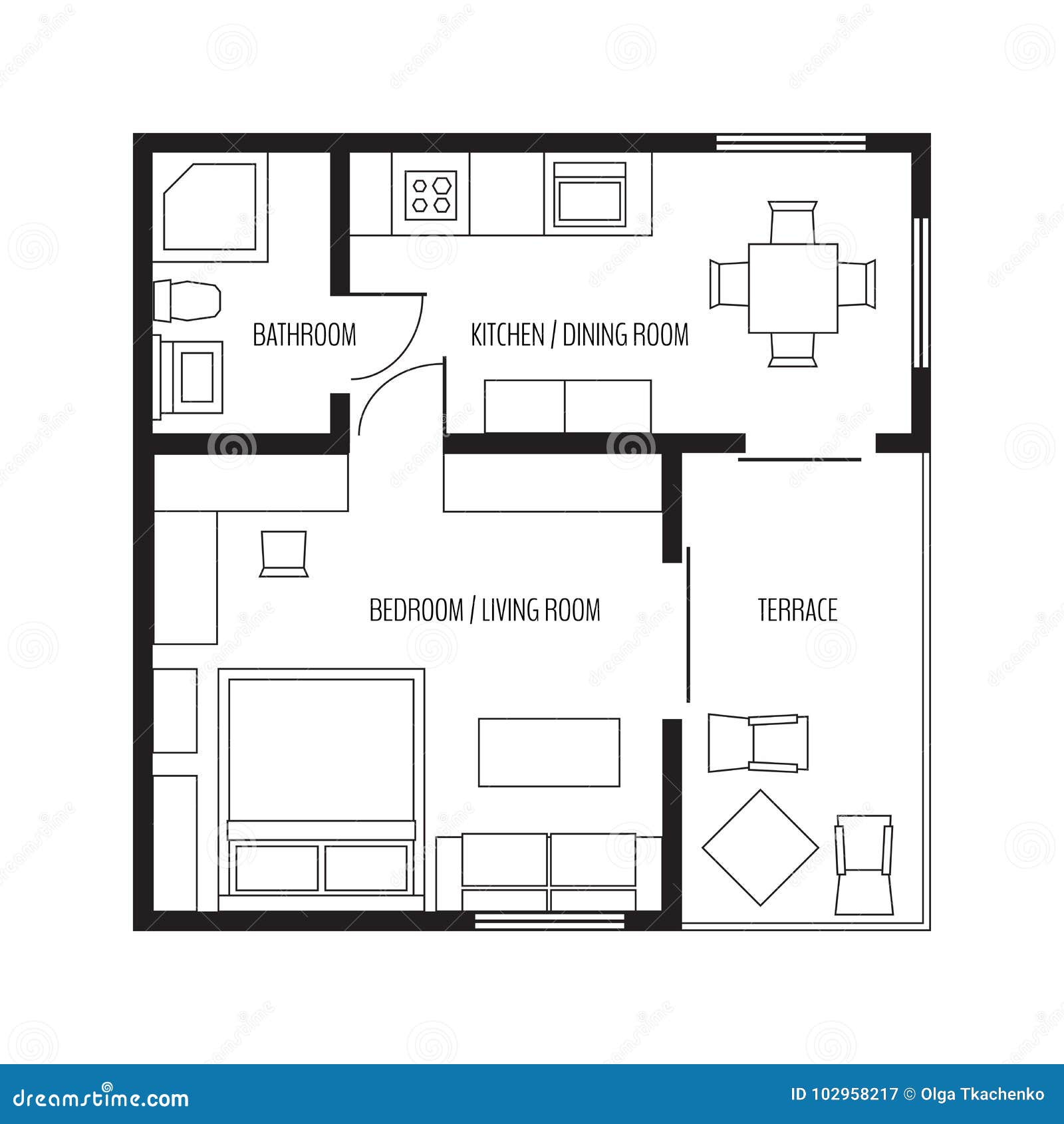 Blok 2, mieszkanie 22. Wektorowy-p%C5%82aski-projekcyjny-mieszkanie-ma%C5%82ego-domu-plan-z-furnitur-102958217