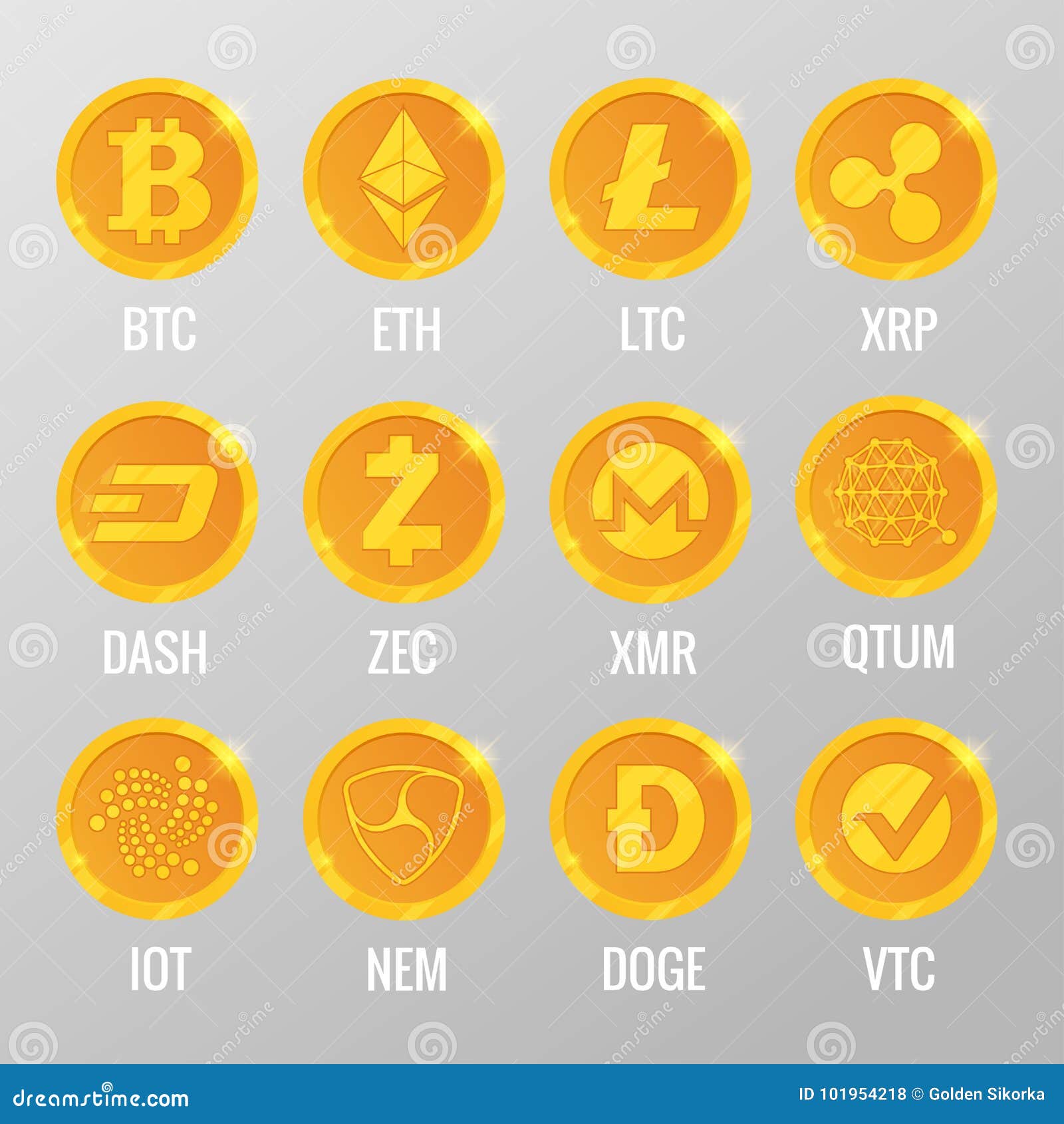 Wektorowy ustawiający Cryptocurrency złociste monety z Bitcoin, ETH, LTC, XRP, junakowanie, ZEC, XMR, QTUM, IOT, NEN, doża, VTC Cyfrowej wirtualna waluta, forma pieniądze używa kryptografię dla ochrona handlu online