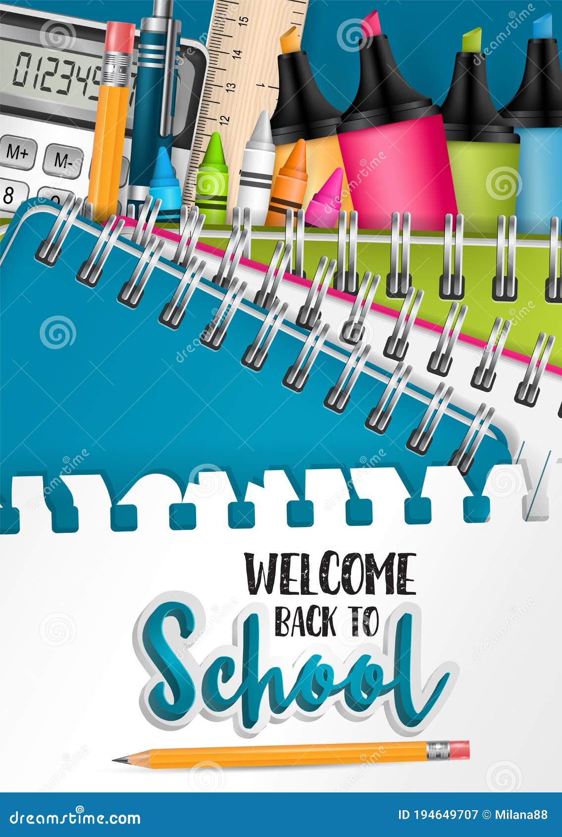 welcome back to school flyer or brochure with torn out sheet of papar as a background and realistic 3d study items