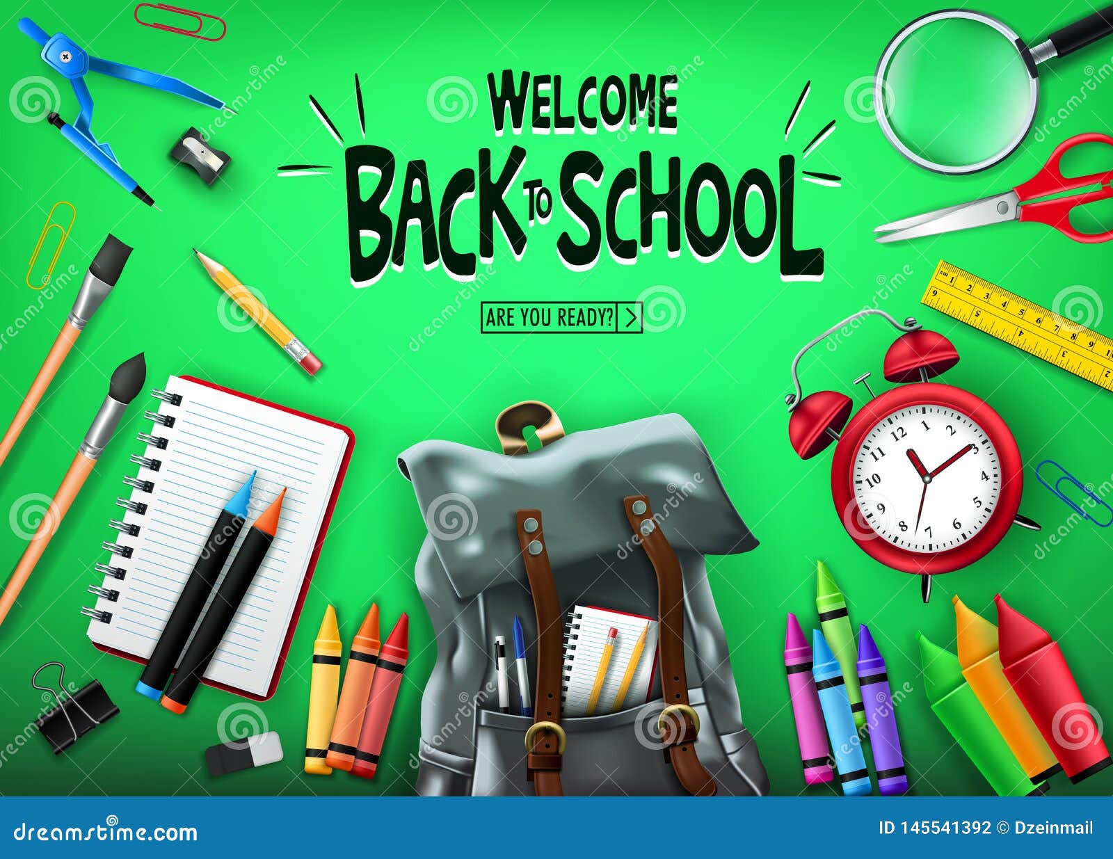 Welcome Back To School In Green Background Banner With Black Backpack And School Supplies Stock Vector Illustration Of Lesson Child