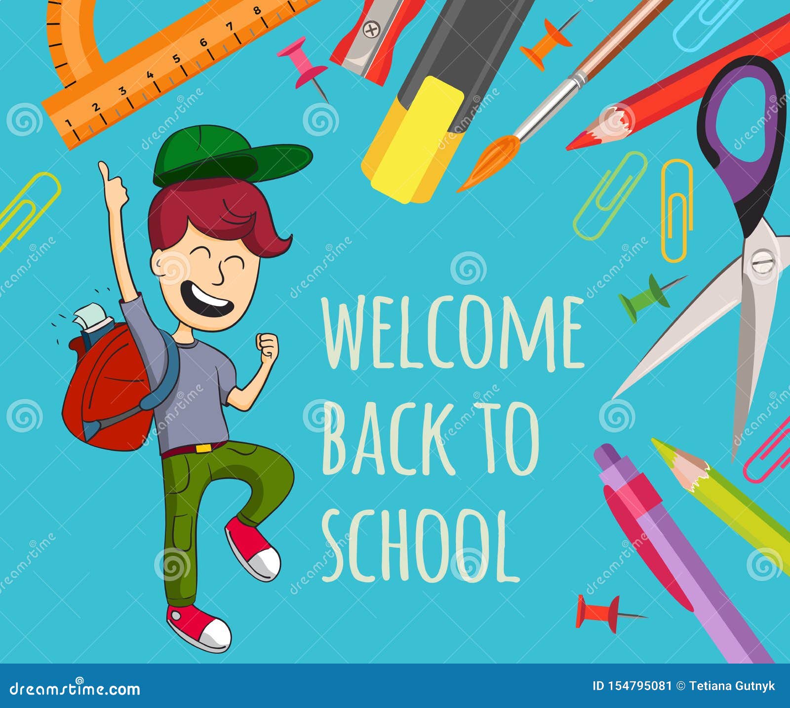 welcome back to school.happy boy and stationeries  on blue background.