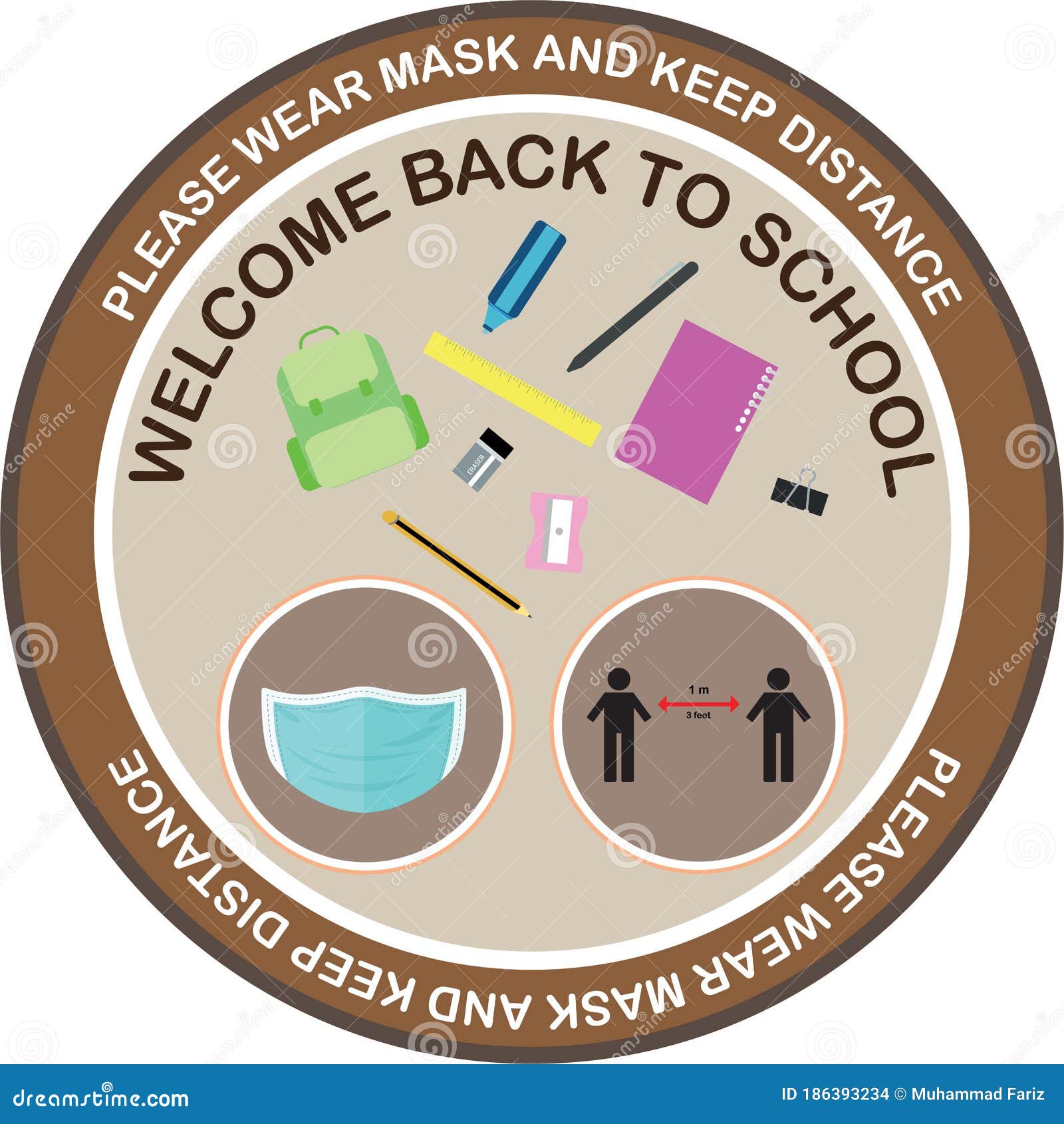 Welcome Back To School Keep Your Distance Round Vector Illustration Sign For Post Covid 19 Coronavirus Pandemic Stock Vector Illustration Of Post Public