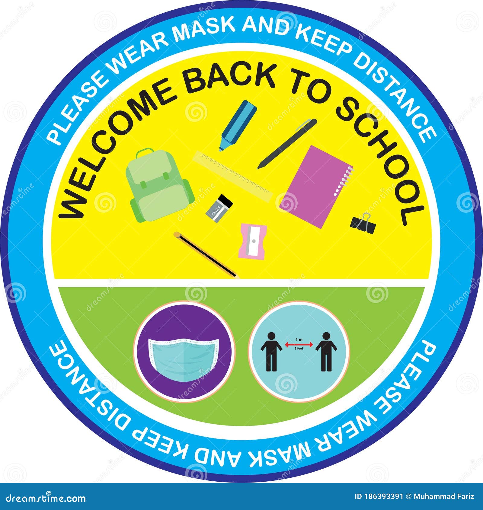 Welcome Back To School Keep Your Distance Yellow Round Vector Illustration Sign For Post Covid 19 Coronavirus Pandemic Stock Vector Illustration Of Safety Corona