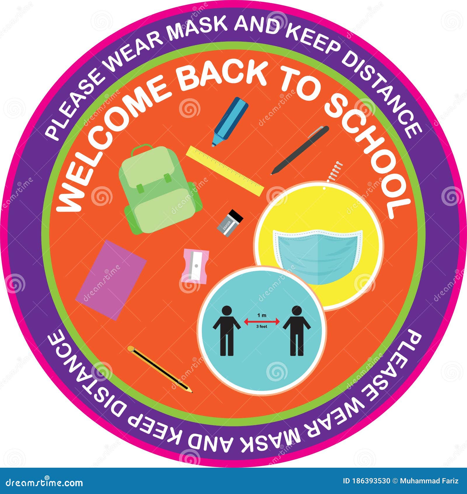 Welcome Back To School Keep Your Distance Round Vector Illustration Sign For Post Covid 19 Coronavirus Pandemic Stock Vector Illustration Of Care Distance