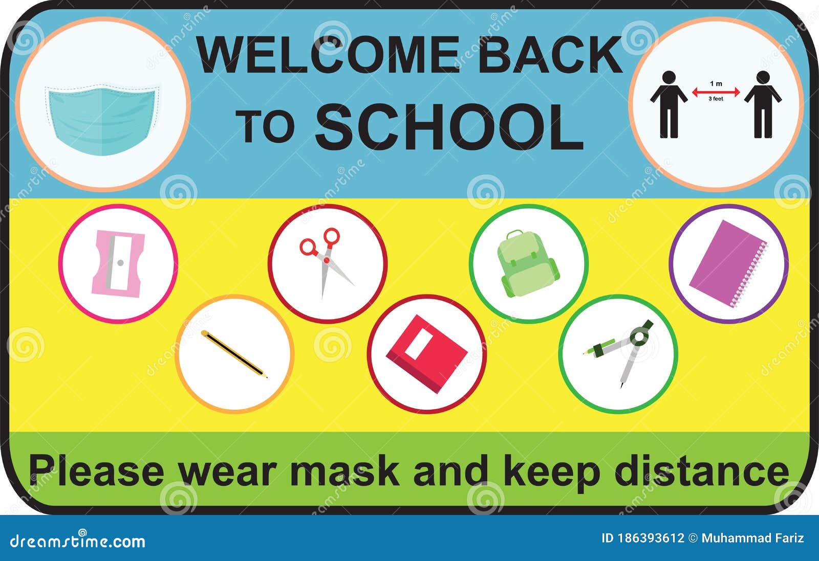 Welcome Back To School Keep Your Distance Yellow Round Vector Illustration Stock Vector Illustration Of Kids Pandemic