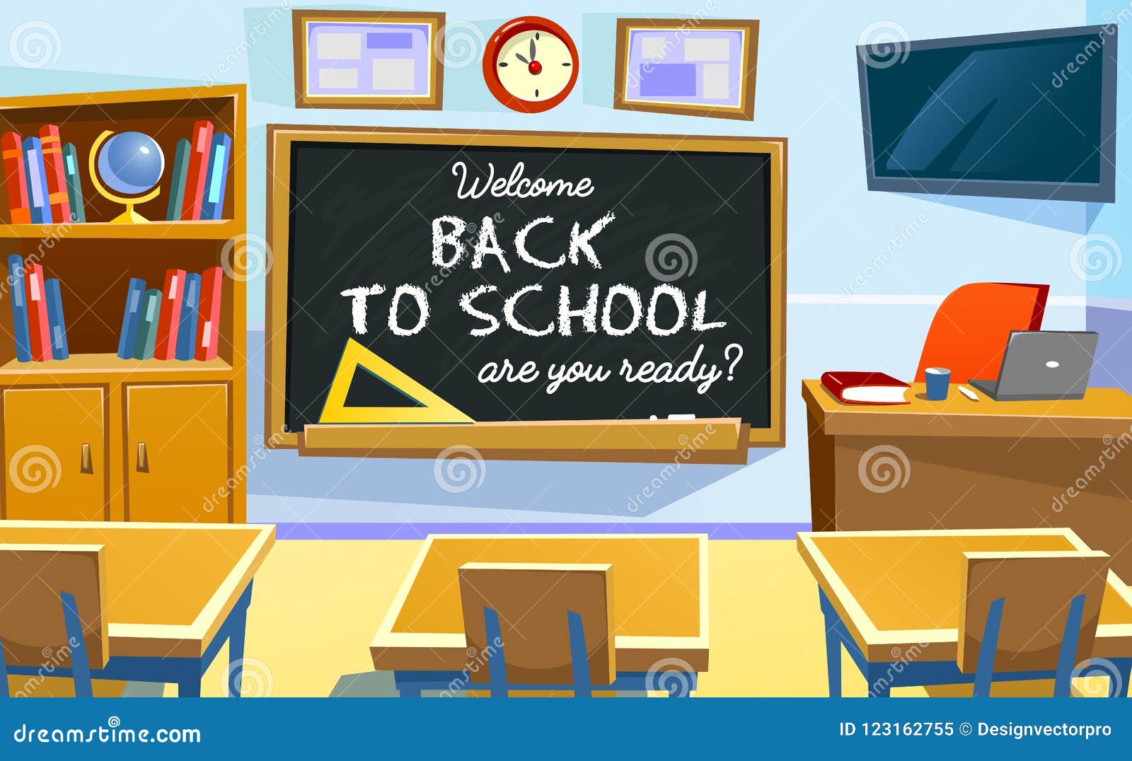 Welcome Back To School Poster With Empty Classroom Cartoon School Illustration Stock Vector Illustration Of Kids Concept