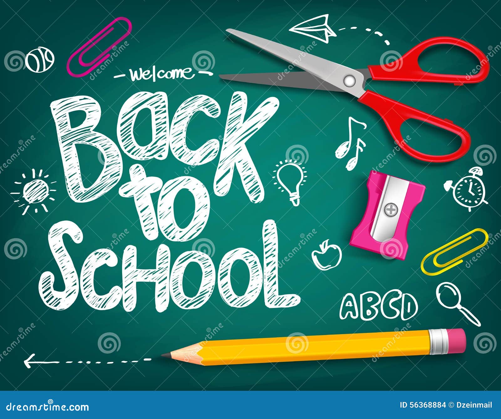 welcome back to school title written chalk board realistic d items like pencil scissor vector illustration doodle 56368884