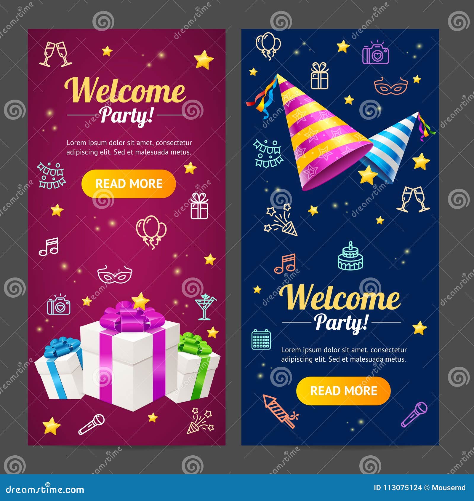 Welcome Party Template Card Vecrtical Set. Vector Stock Vector