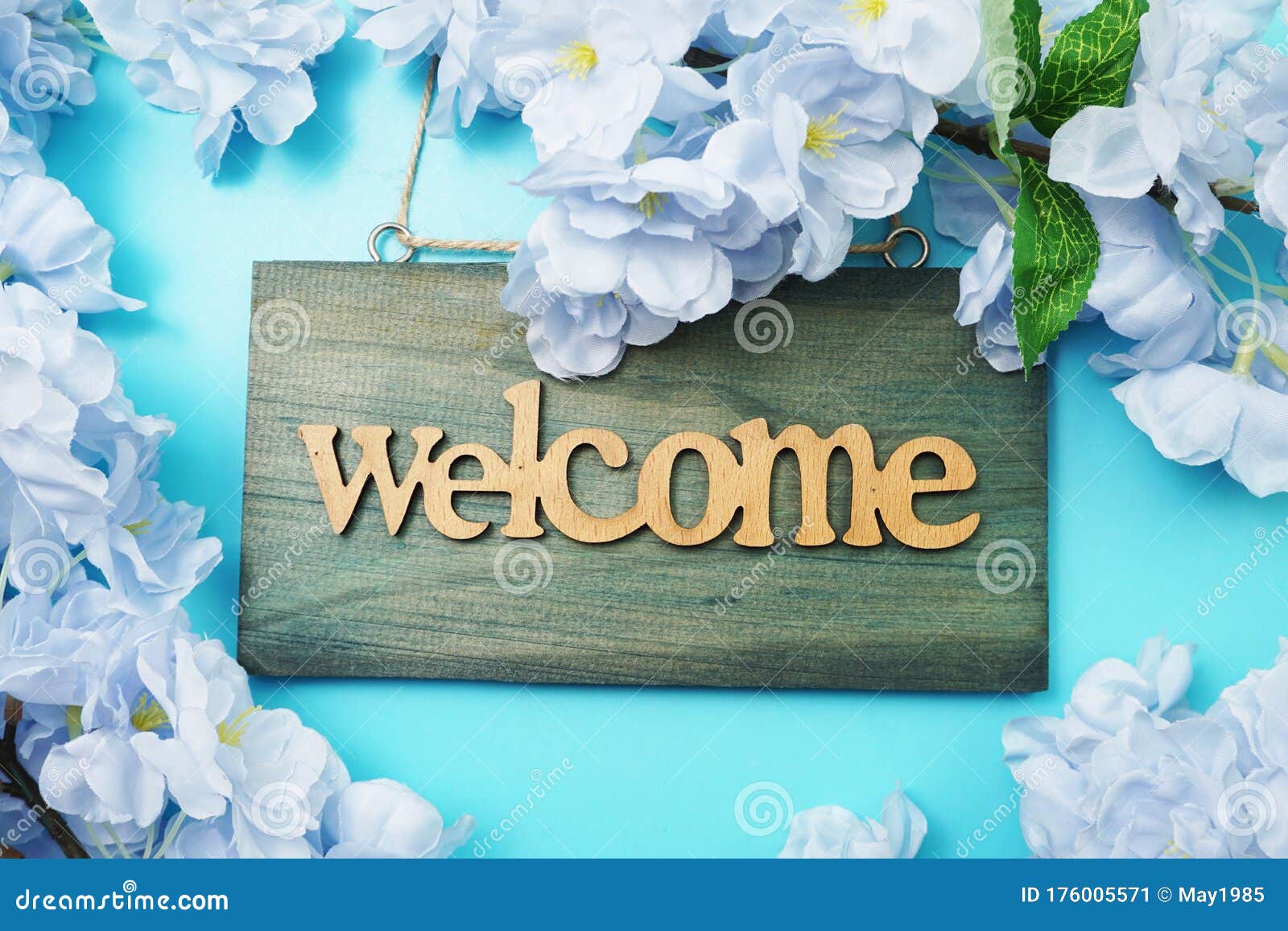 Welcome Sign and Flower Blooming Decoration on Blue Background Stock Image  - Image of blooming, idea: 176005571