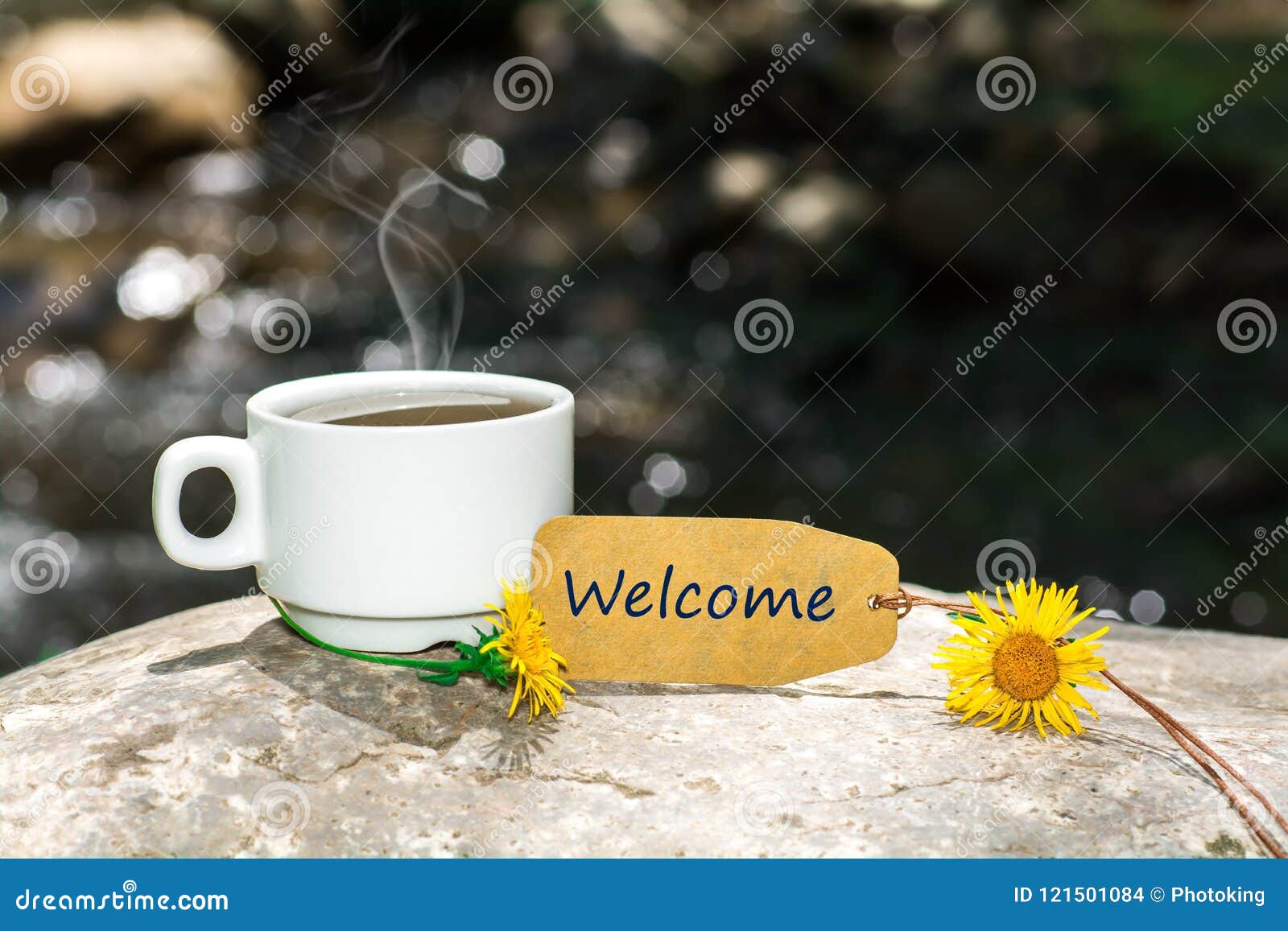 welcome text with coffee cup