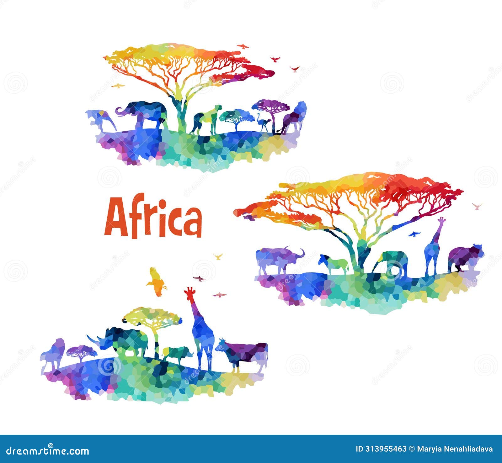 welcome to africa poster. africa abstract animals colored silhouette. hand drawing. not ai,  