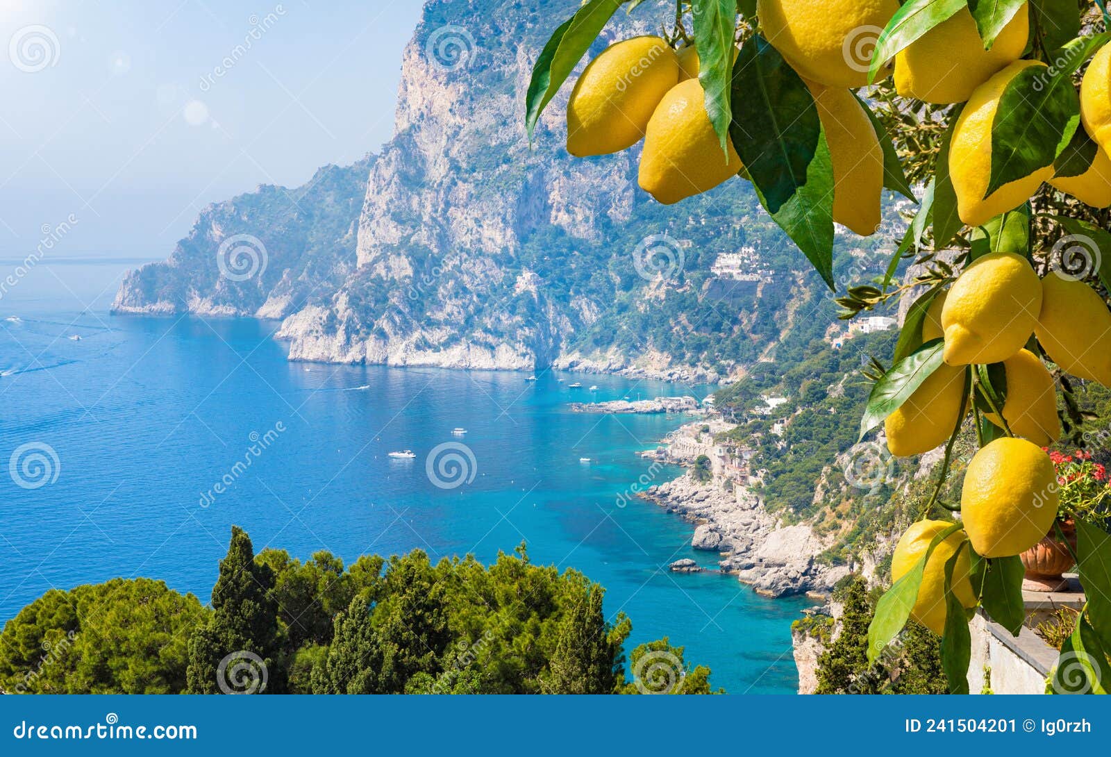 welcome to capri concept image. daylight view of marina piccola and monte solaro, capri island, italy. ripe yellow lemons in